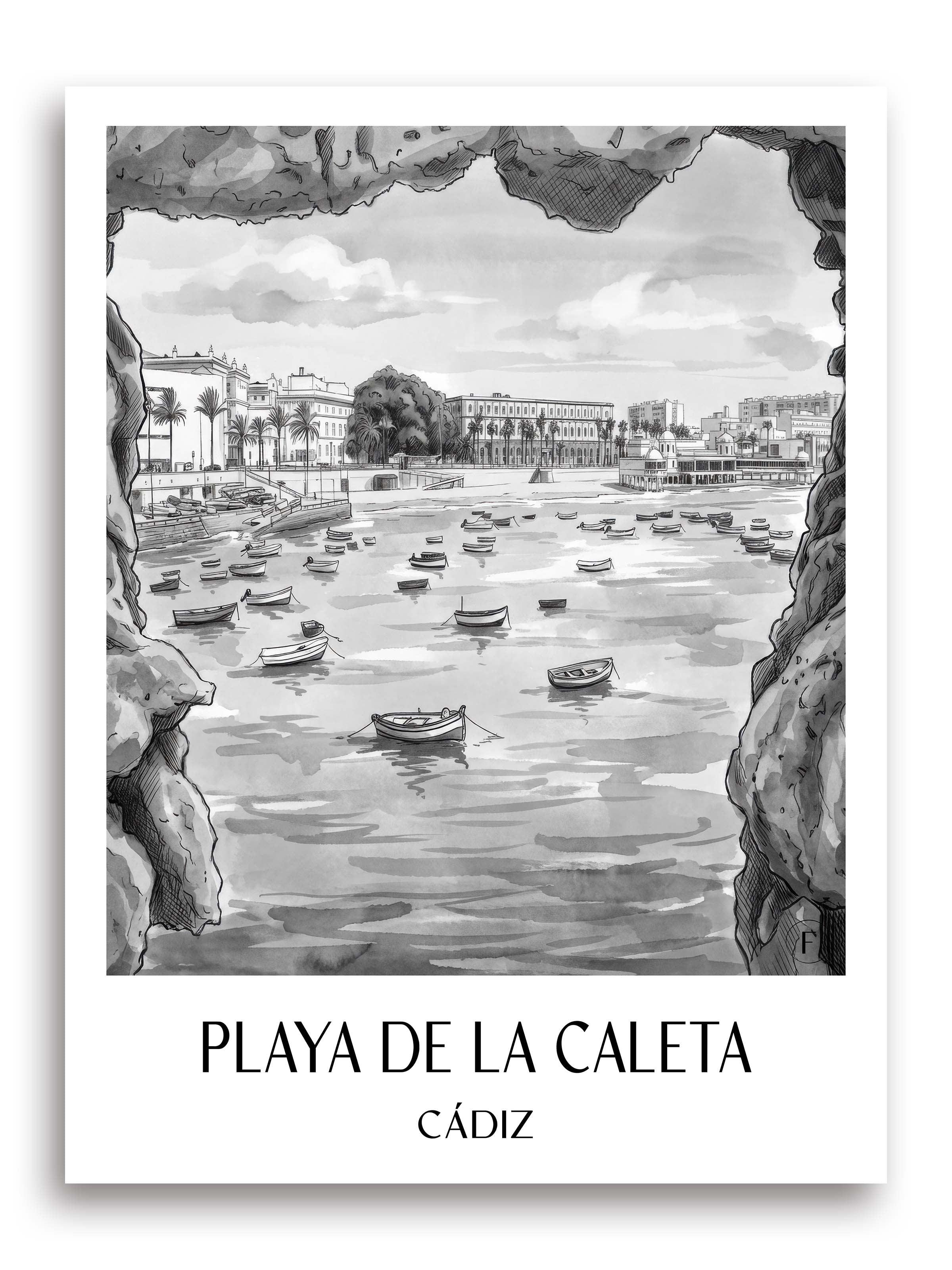 playa-de-la-caleta-cádiz-spanien-poster-aquarell-schwarz-weiss
