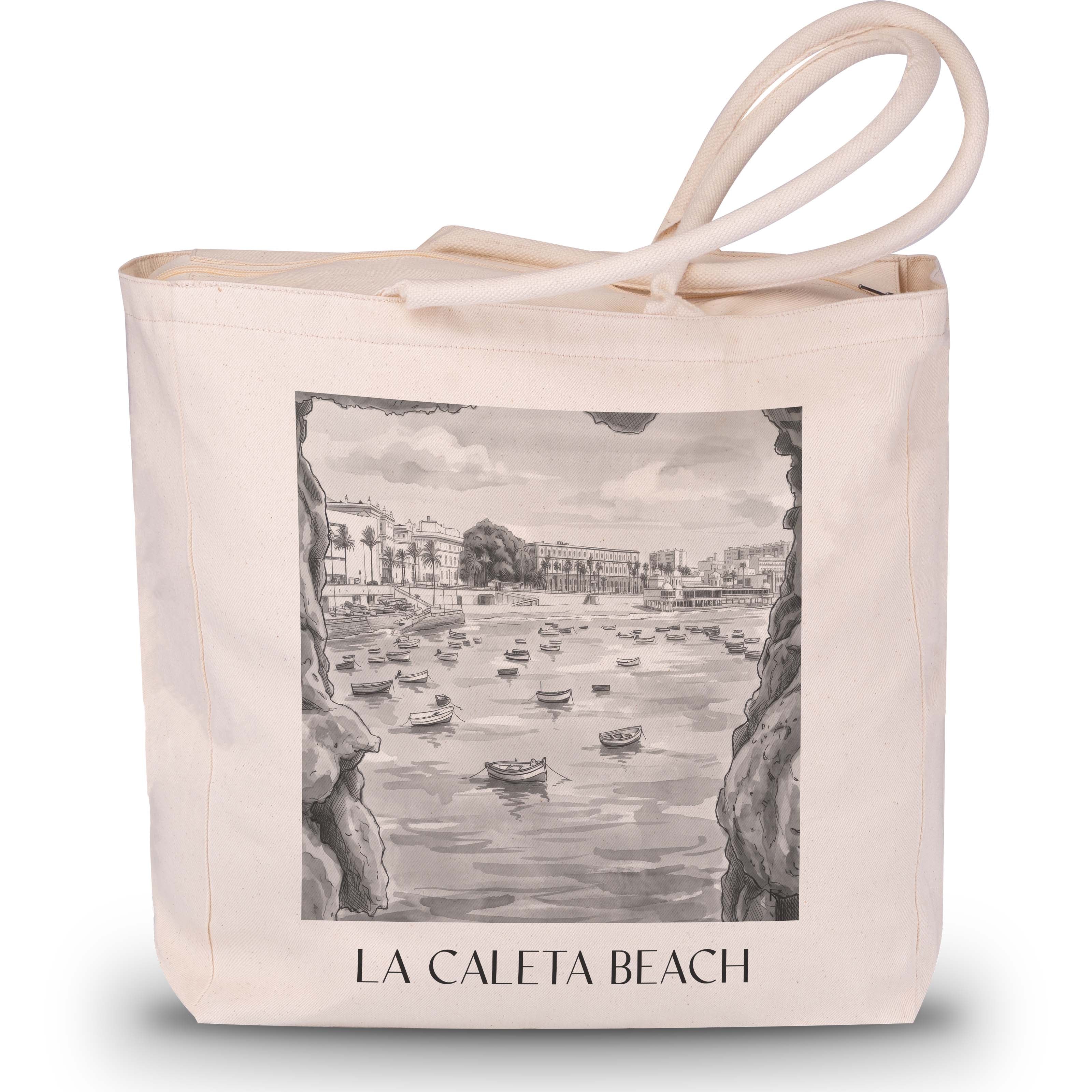 Playa de La Caleta Shopping Tasche - Cádiz - Spanien Tote Bag - Einkaufstasche im Aquarell Schwarz-Weiß Stil - favplace