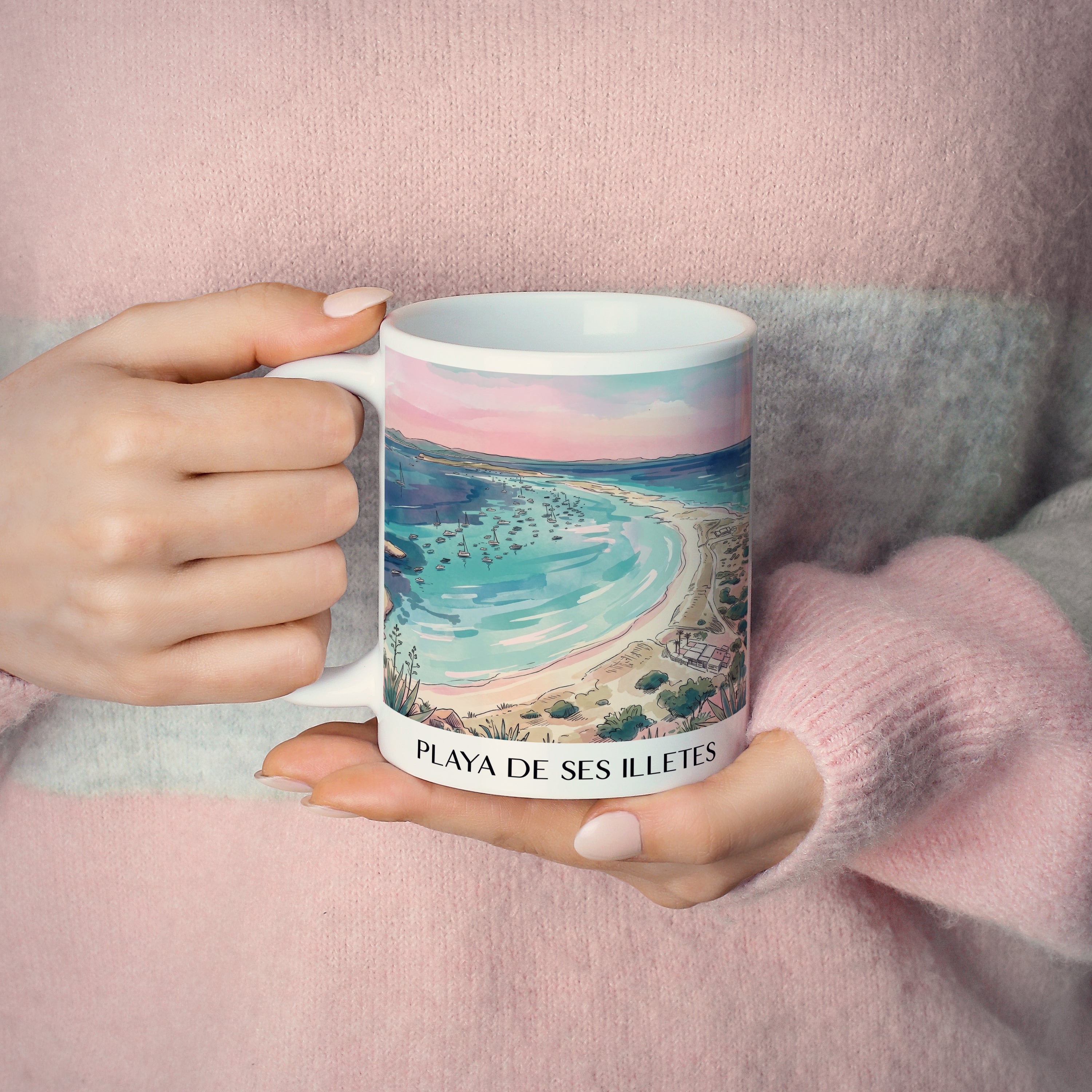 playa-de-ses-illetes-formentera-spanien-kaffeebecher-aquarell-pink-rosa