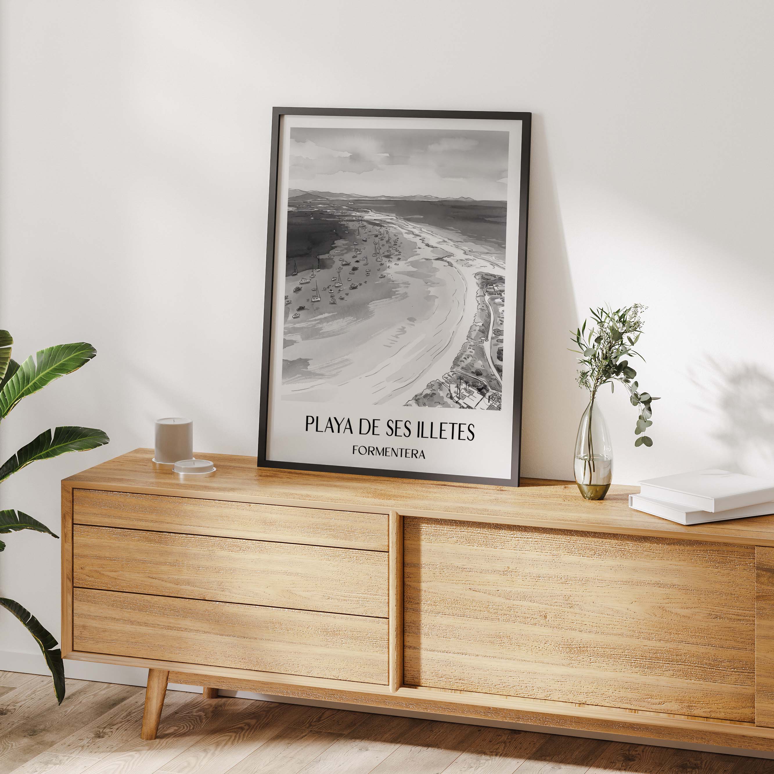 playa-de-ses-illetes-formentera-spanien-poster-aquarell-schwarz-weiss