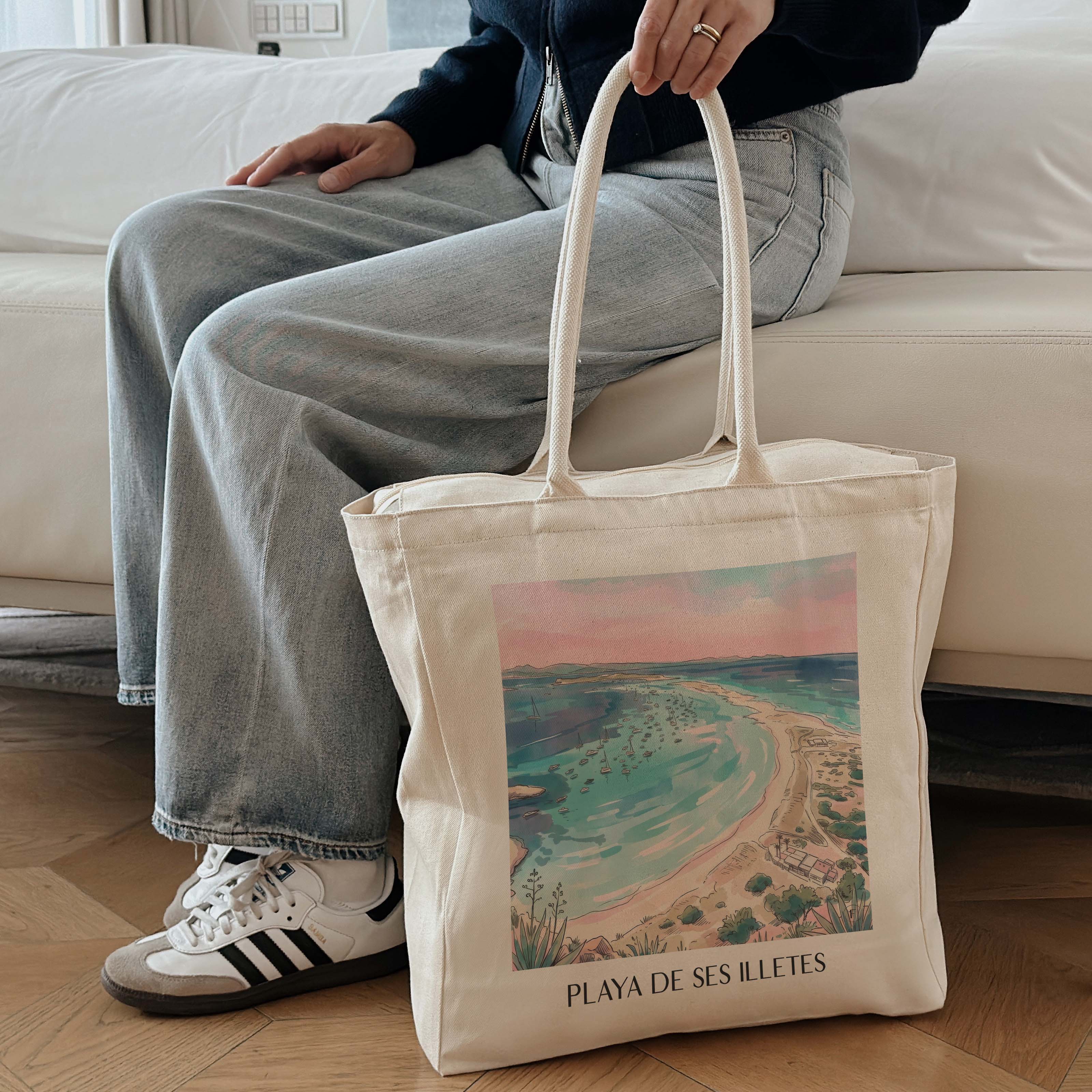 playa-de-ses-illetes-formentera-spanien-einkaufstasche-aquarell-pink-rosa