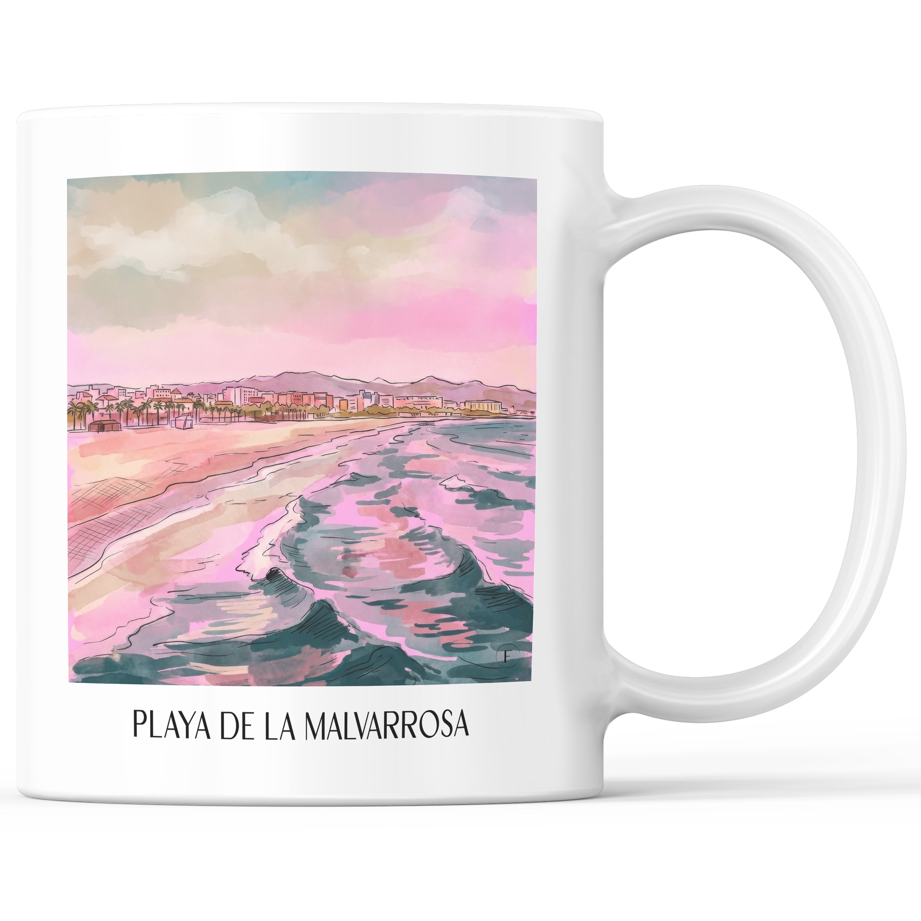Playa de la Malvarrosa Kaffeebecher - Valencia - Spanien Becher - Kaffeetasse im Aquarell Pink Stil - favplace