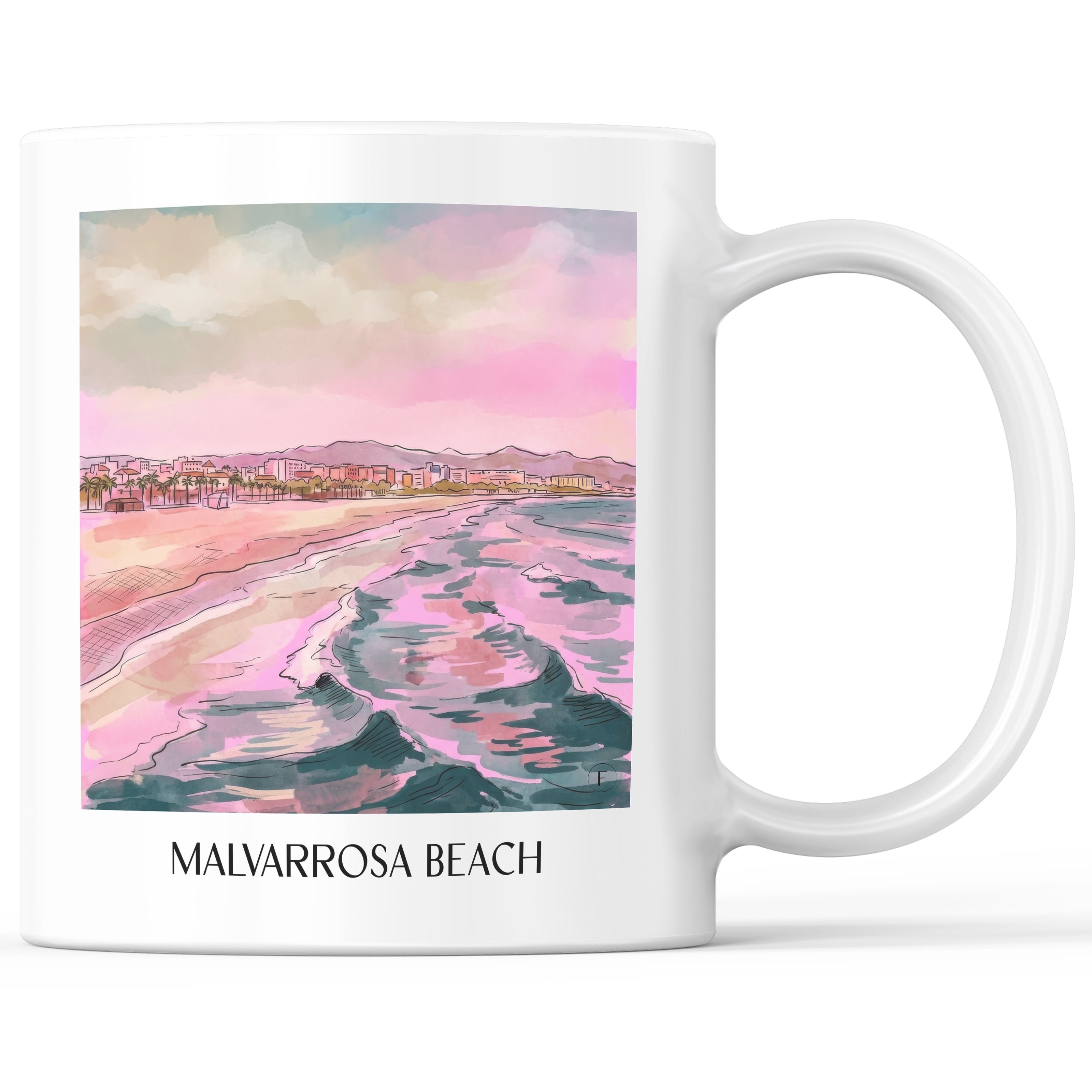 Playa de la Malvarrosa Kaffeebecher - Valencia - Spanien Becher - Kaffeetasse im Aquarell Pink Stil - favplace