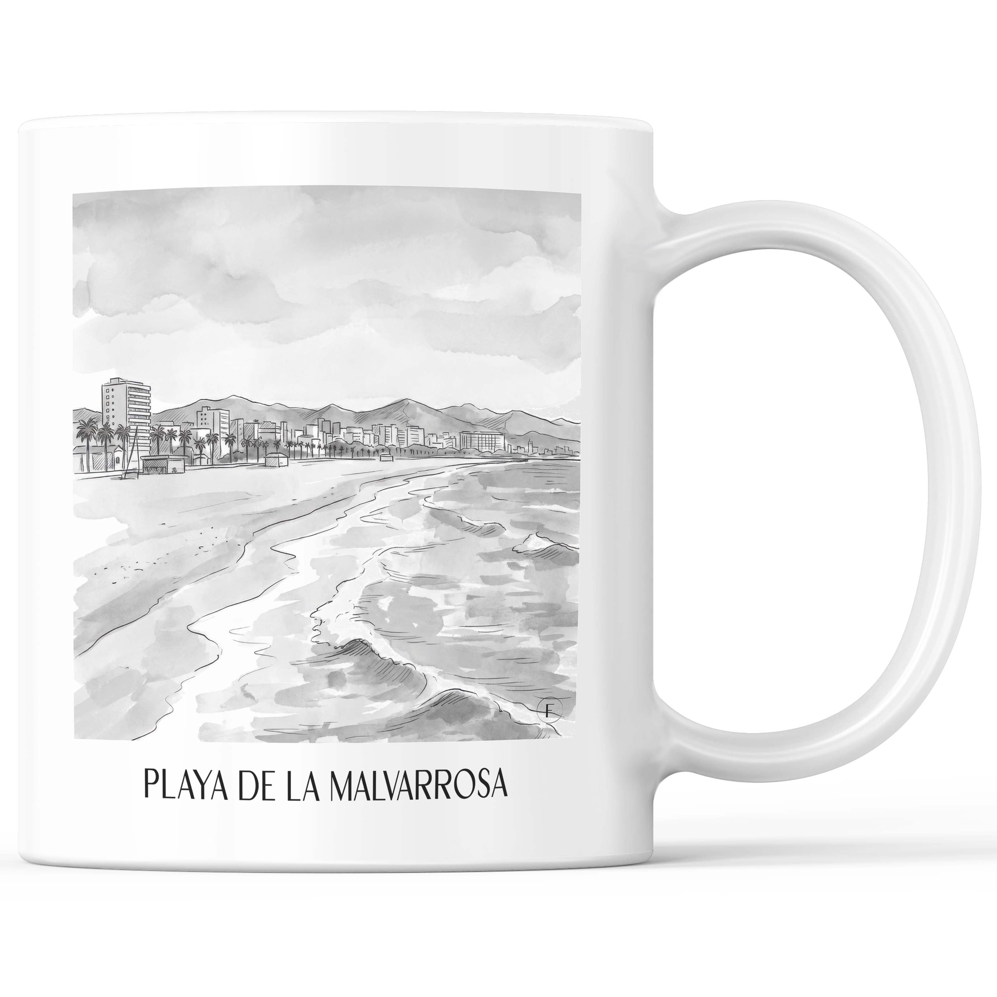 Playa de la Malvarrosa Kaffeebecher - Valencia - Spanien Becher - Kaffeetasse im Aquarell Schwarz-Weiß Stil - favplace