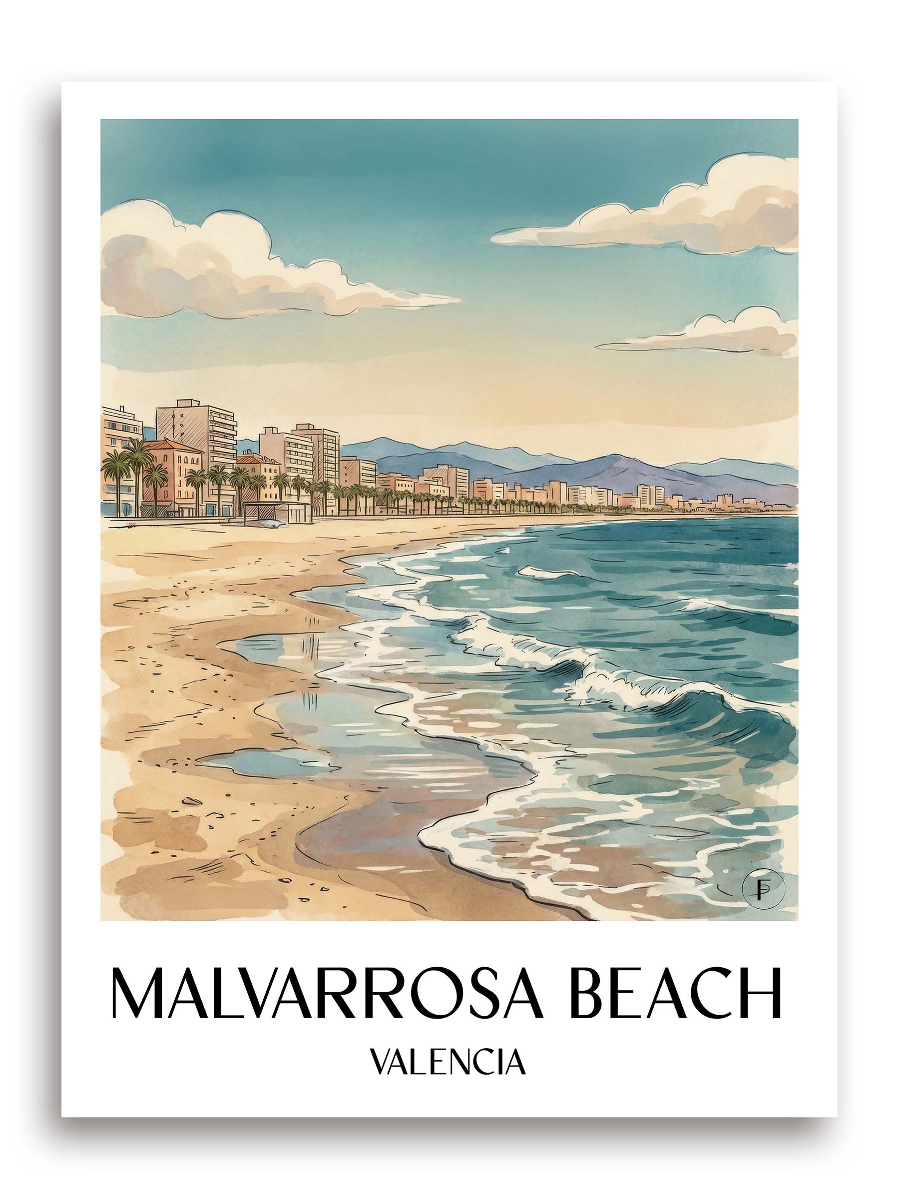Playa de la Malvarrosa Poster - Valencia - Spanien Kunstdruck - Aquarell von A4 bis A1 - favplace