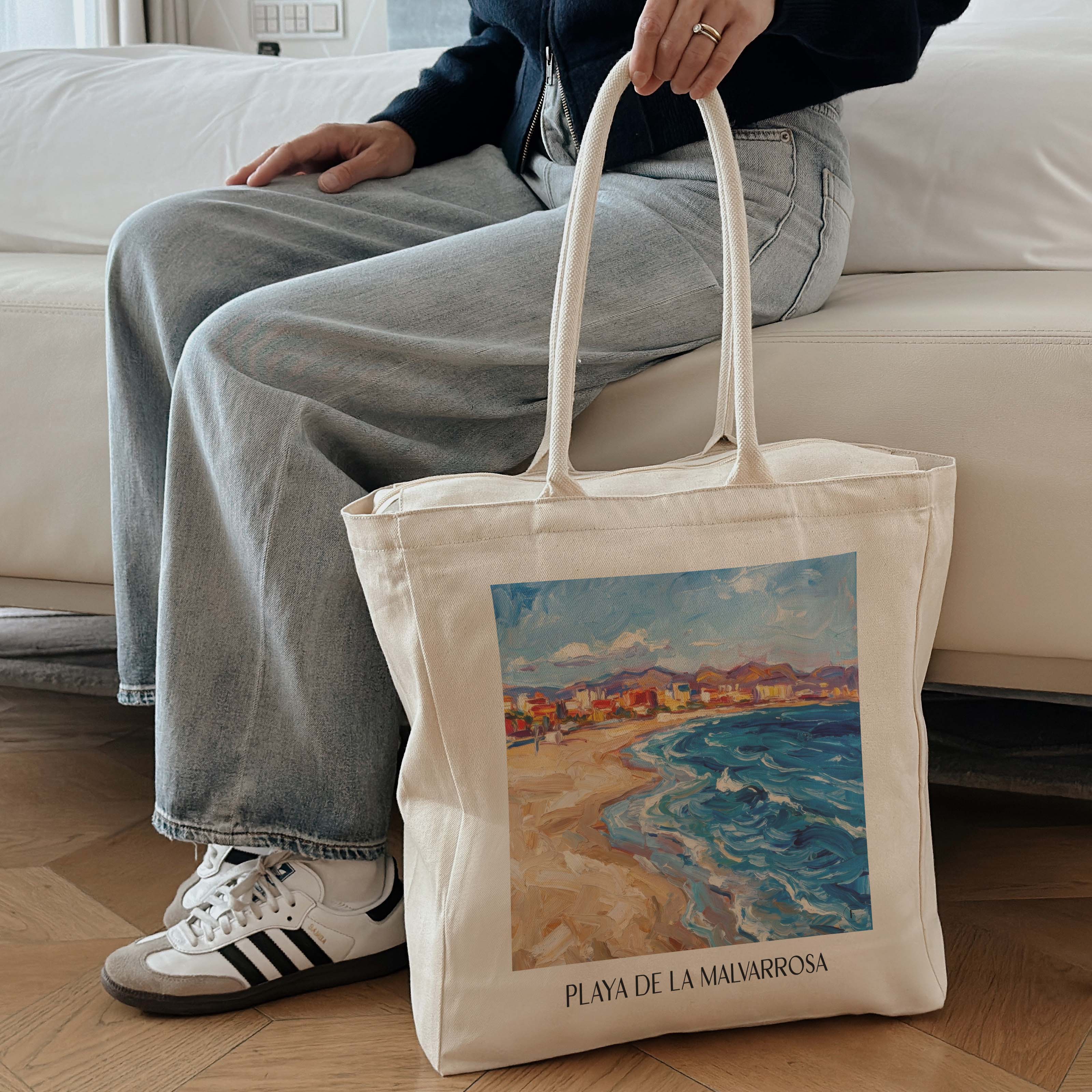 playa-de-la-malvarrosa-valencia-spanien-einkaufstasche-oil-painting-oelgemaelde