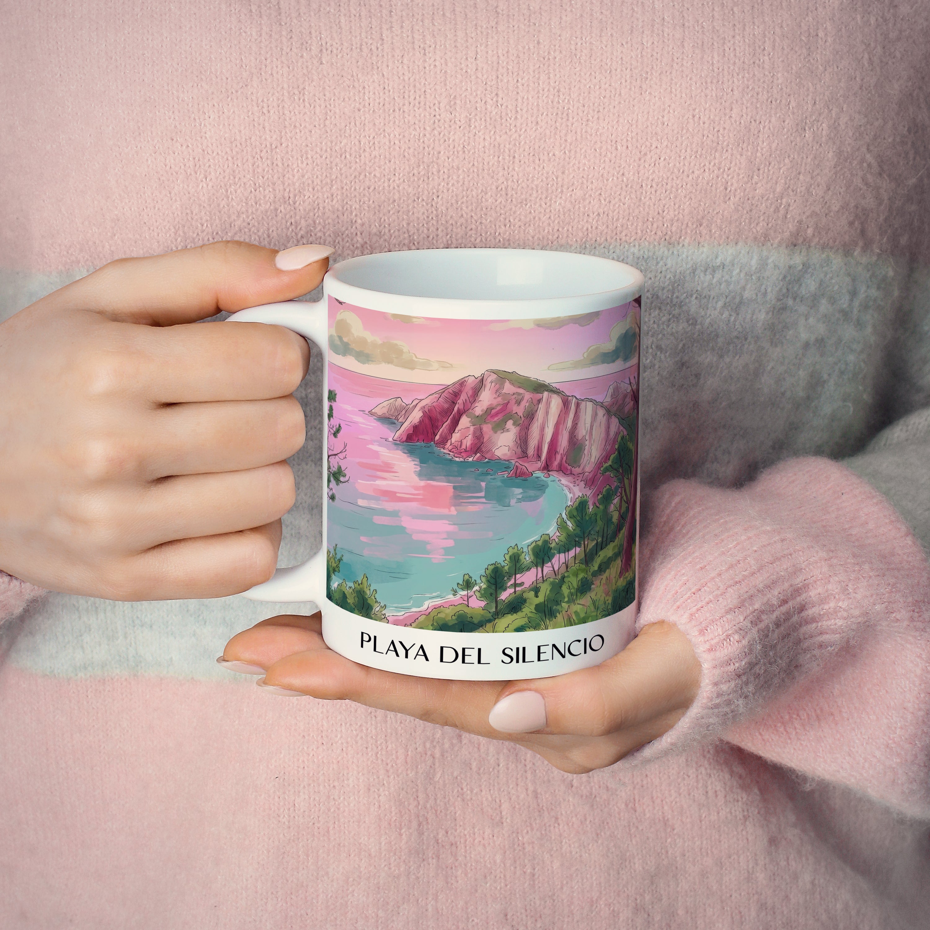 playa-del-silencio-cudillero-spanien-kaffeebecher-aquarell-pink-rosa
