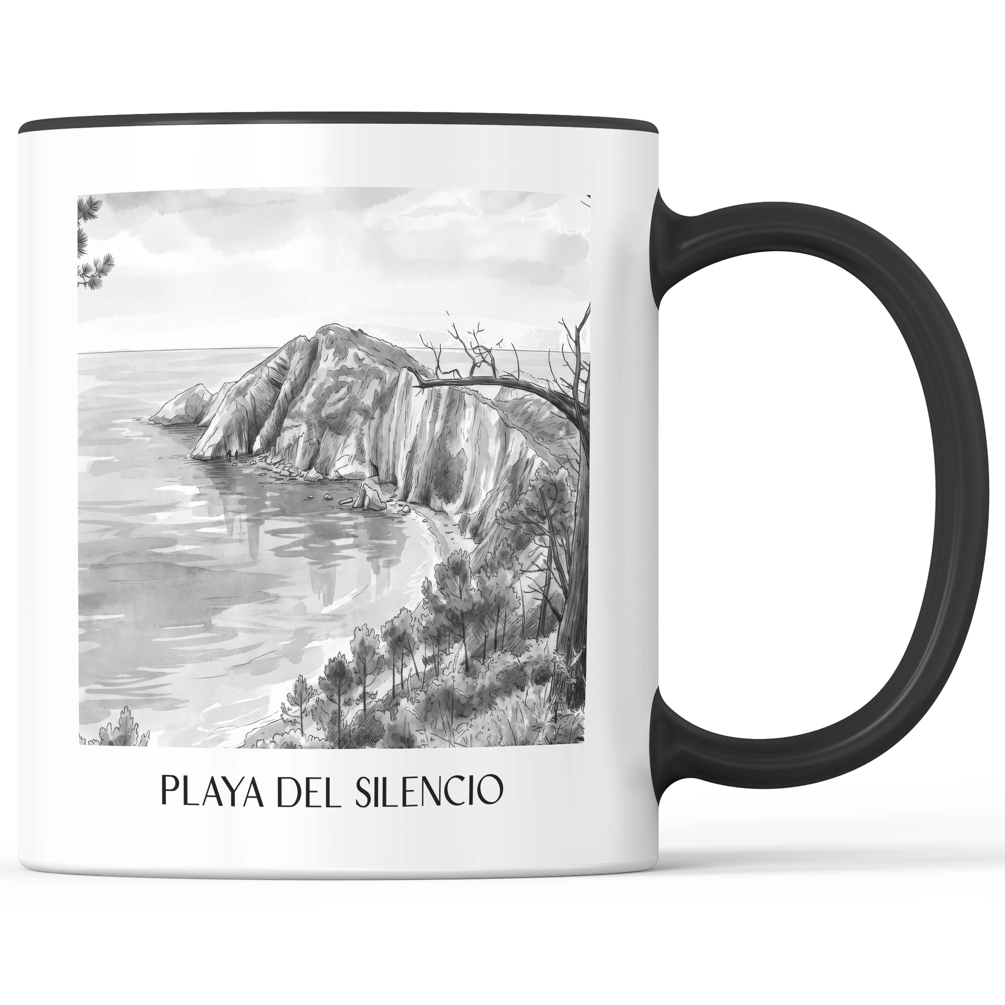 playa-del-silencio-cudillero-spanien-kaffeebecher-aquarell-schwarz-weiss