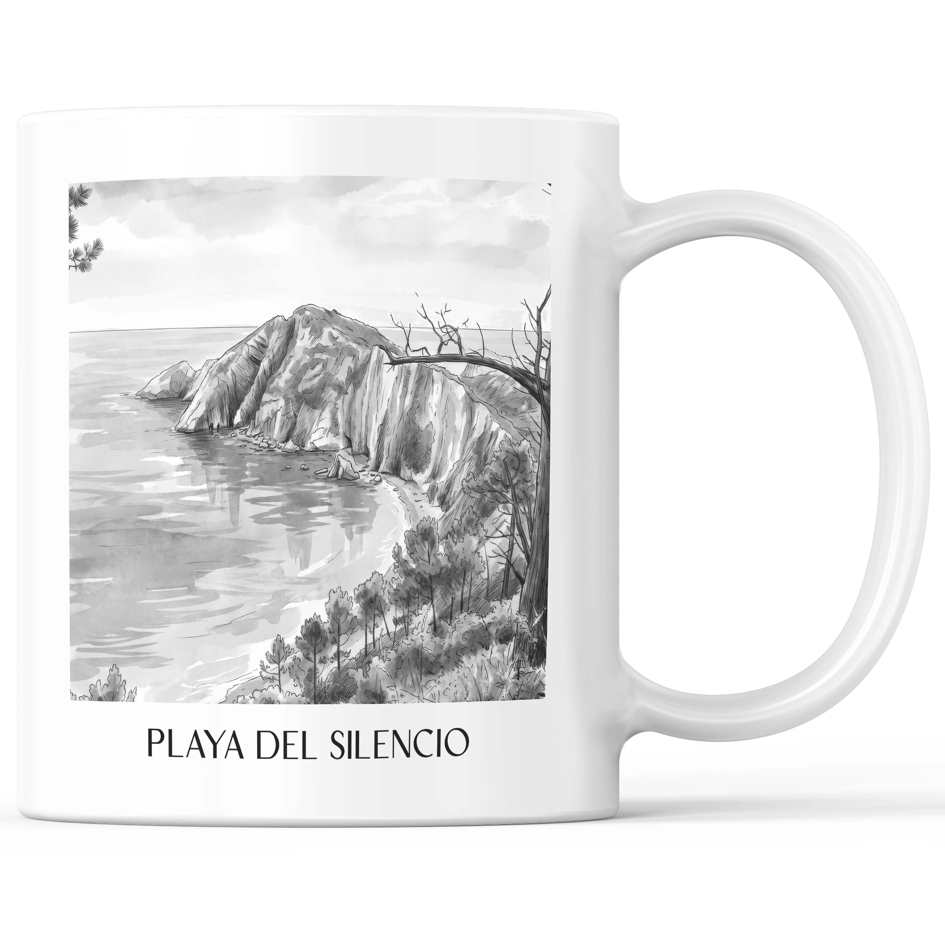 Playa del Silencio Kaffeebecher - Cudillero - Spanien Becher - Kaffeetasse im Aquarell Schwarz-Weiß Stil - favplace