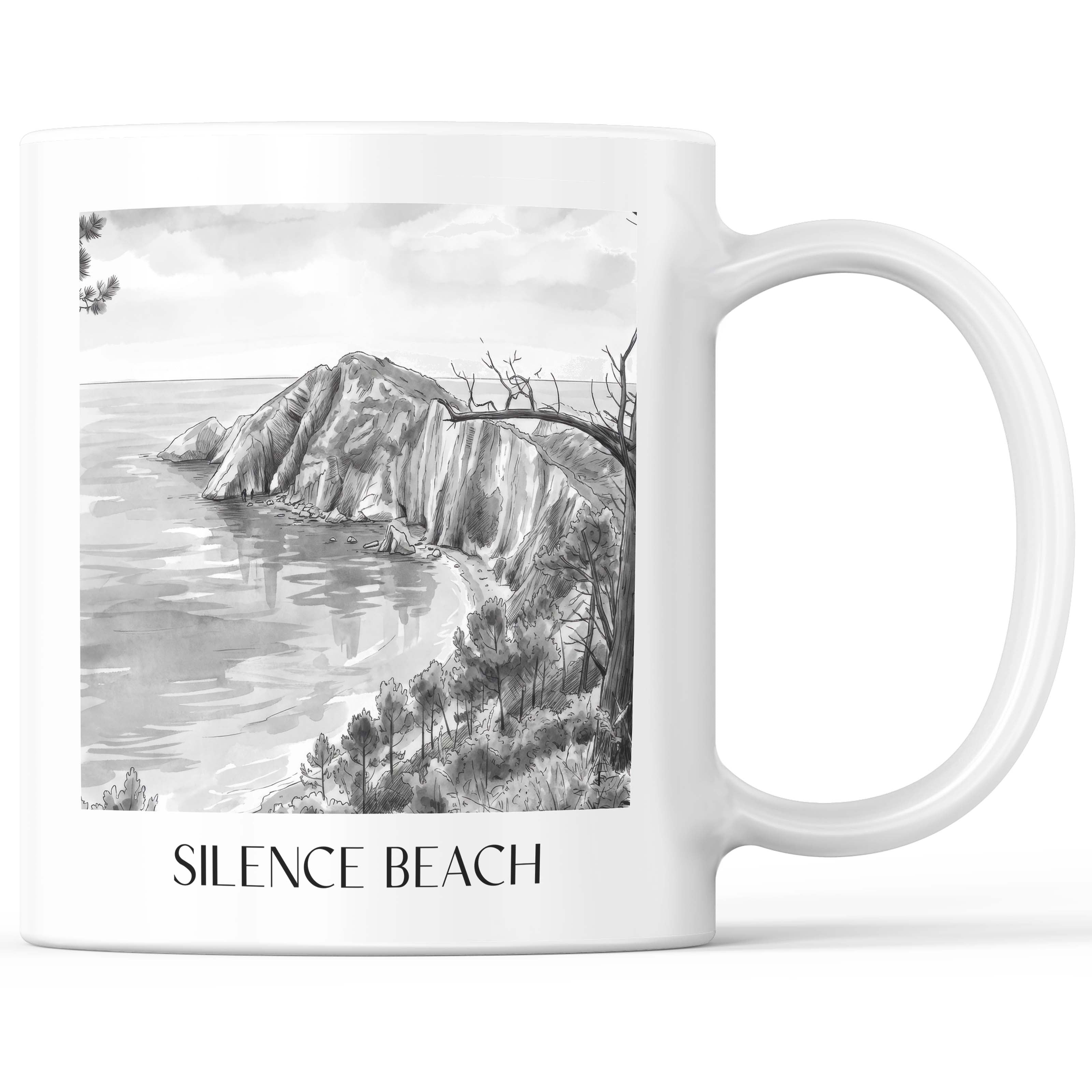 Playa del Silencio Kaffeebecher - Cudillero - Spanien Becher - Kaffeetasse im Aquarell Schwarz-Weiß Stil - favplace