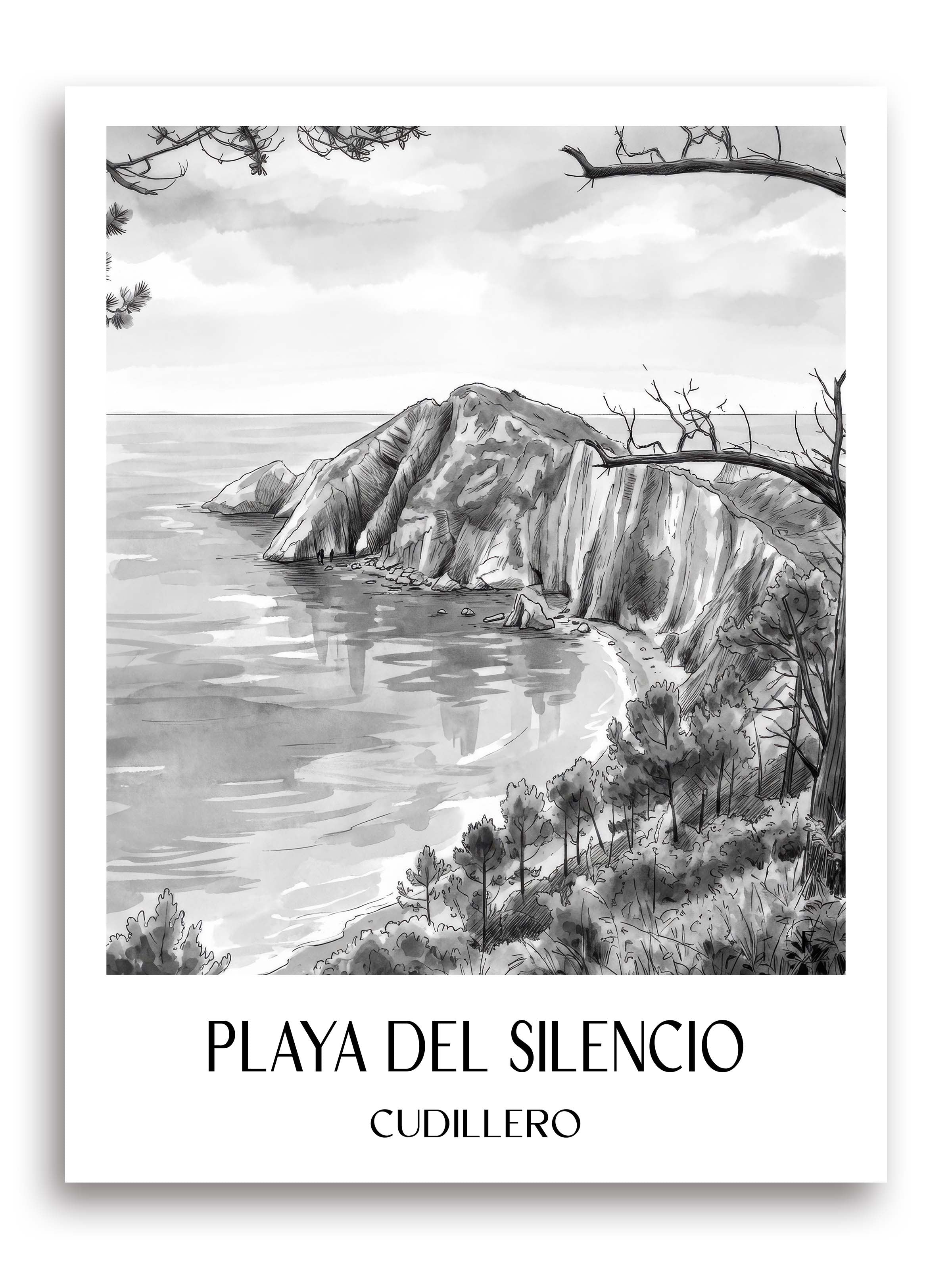 playa-del-silencio-cudillero-spanien-poster-aquarell-schwarz-weiss