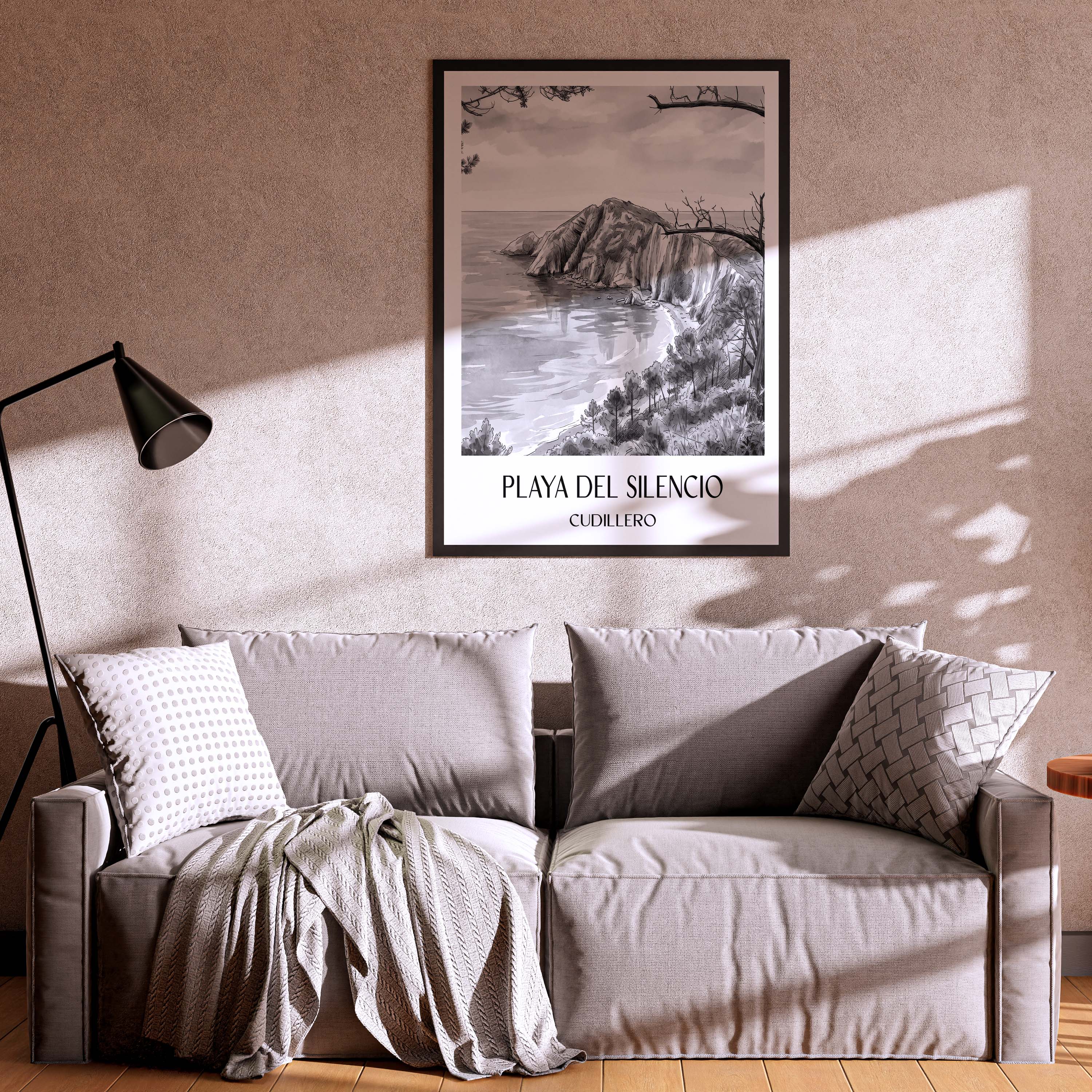 playa-del-silencio-cudillero-spanien-poster-aquarell-schwarz-weiss