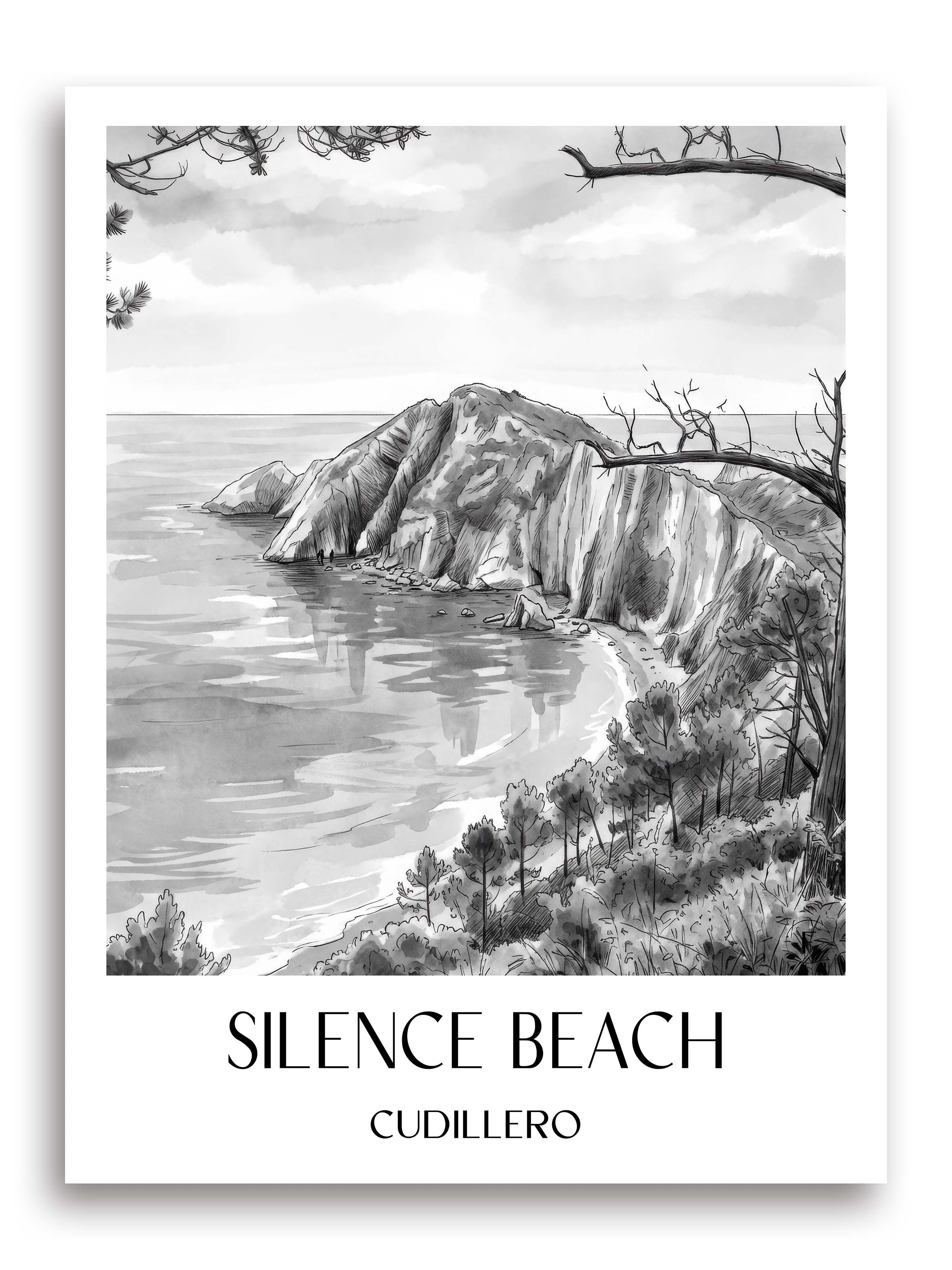 Playa del Silencio Poster - Cudillero - Spanien Kunstdruck - Aquarell Schwarz-Weiß von A4 bis A1 - favplace