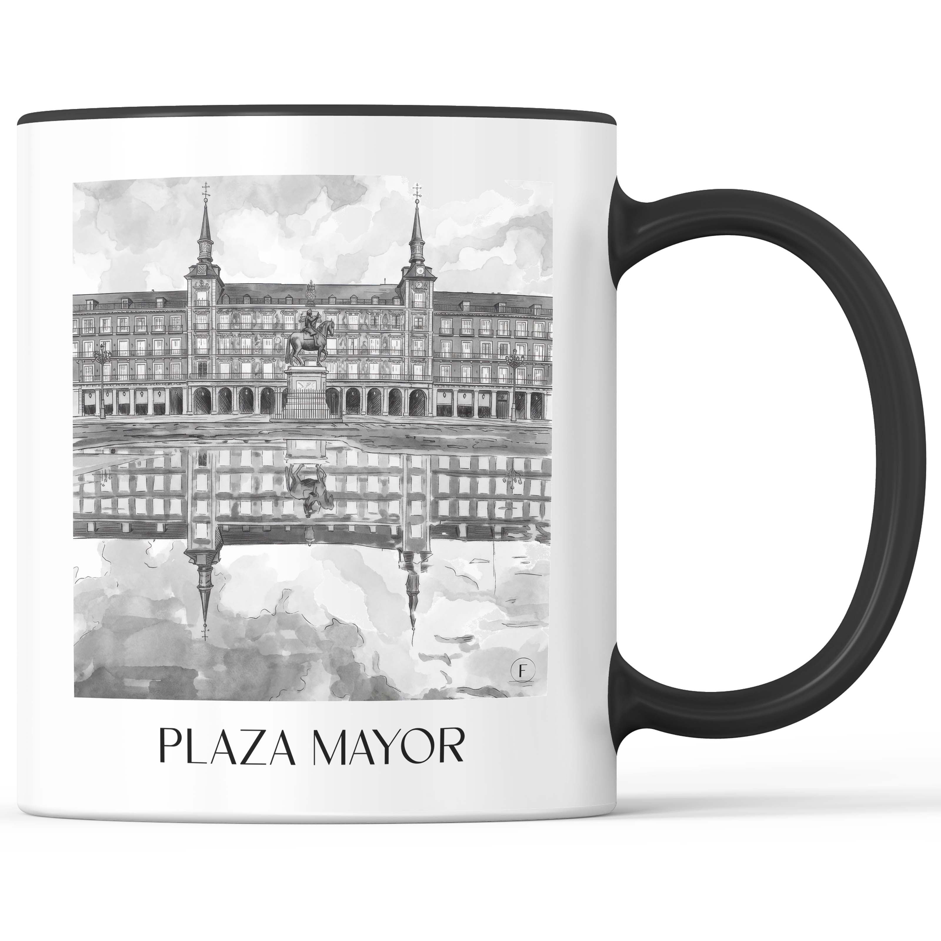 plaza-mayor-madrid-spanien-kaffeebecher-aquarell-schwarz-weiss