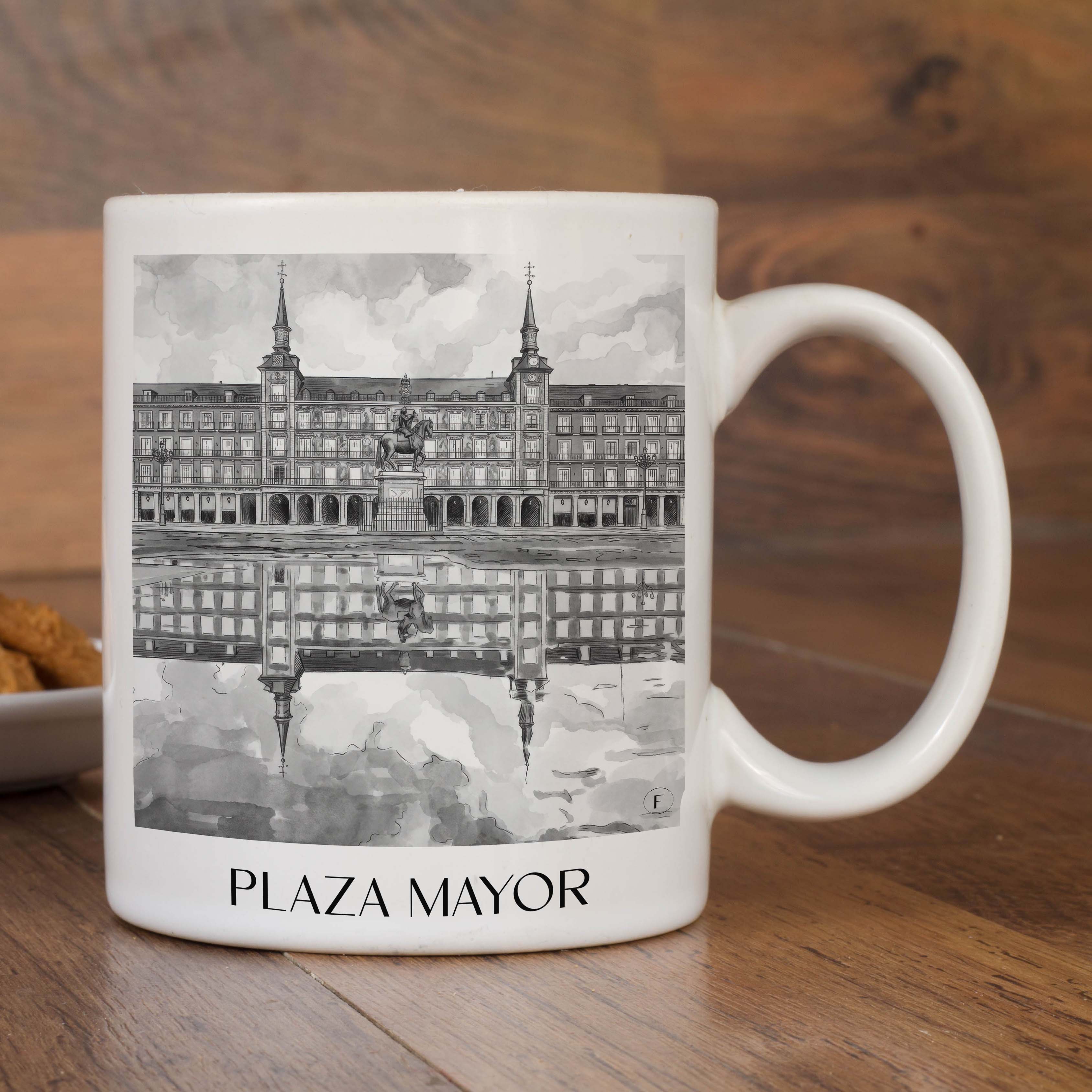 plaza-mayor-madrid-spanien-kaffeebecher-aquarell-schwarz-weiss