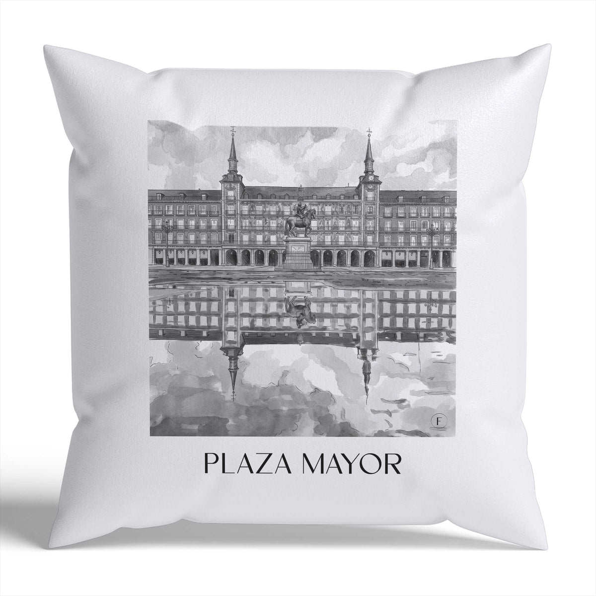 Plaza Mayor Kissenhülle - Zierkissen Bezug - Madrid - Spanien Kissen bzw. Kissenbezug im Aquarell Schwarz-Weiß Stil - favplace