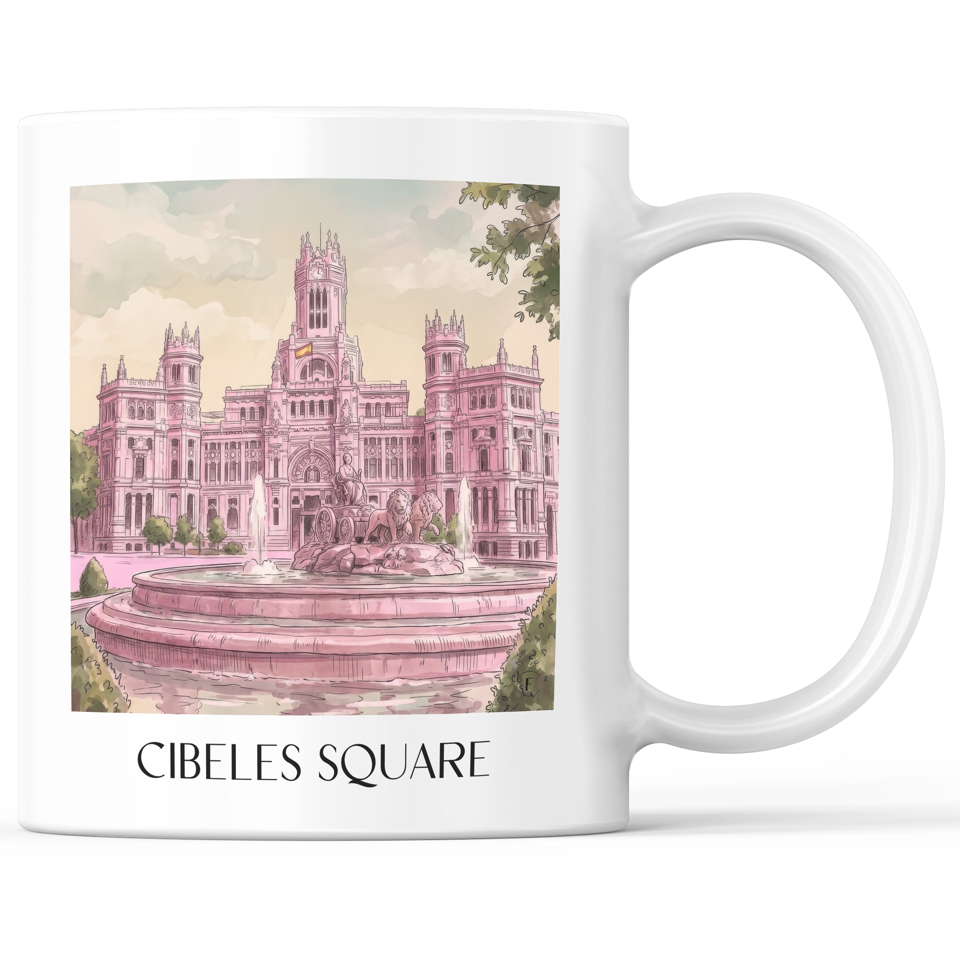 Plaza de Cibeles Kaffeebecher - Madrid - Spanien Becher - Kaffeetasse im Aquarell Pink Stil - favplace
