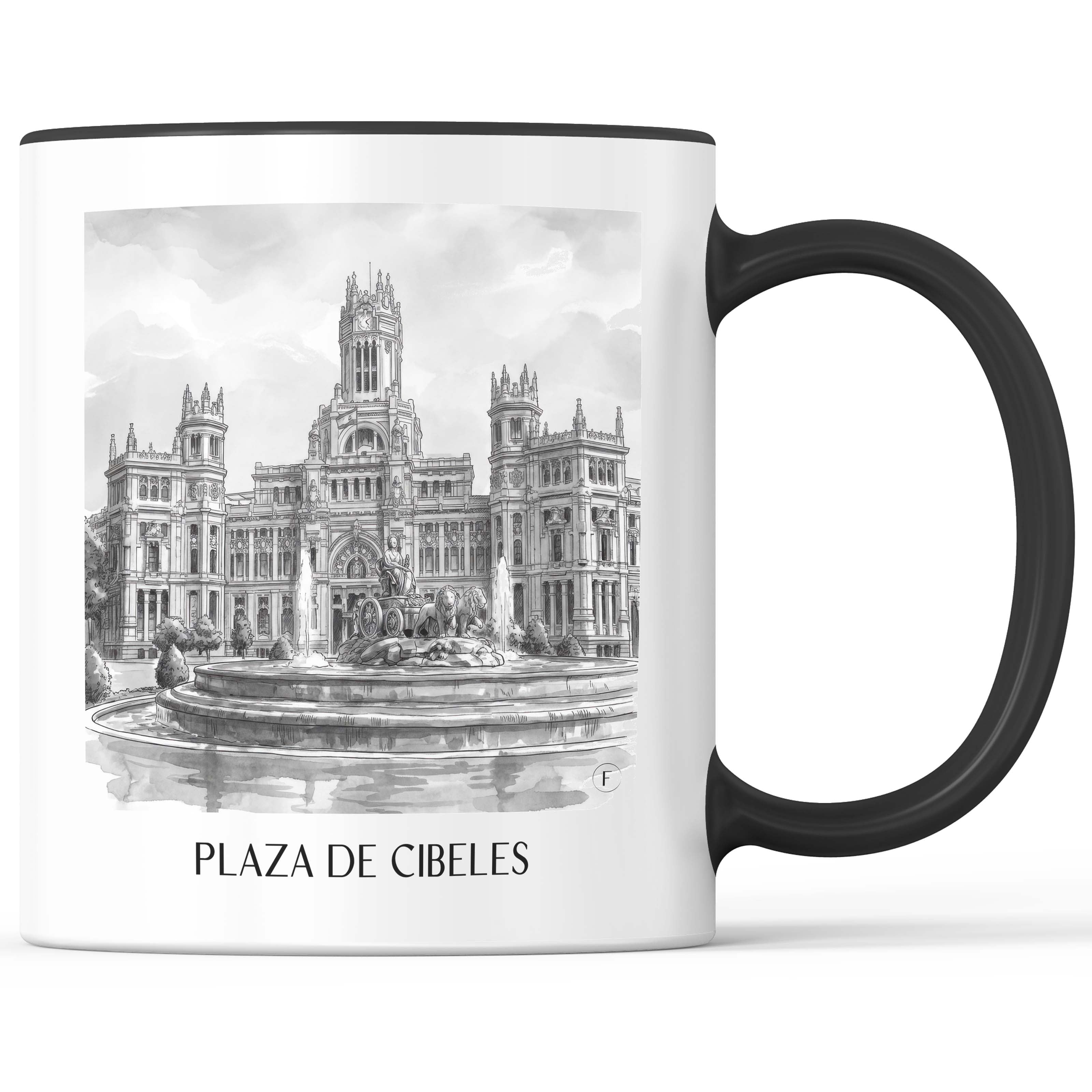 plaza-de-cibeles-madrid-spanien-kaffeebecher-aquarell-schwarz-weiss