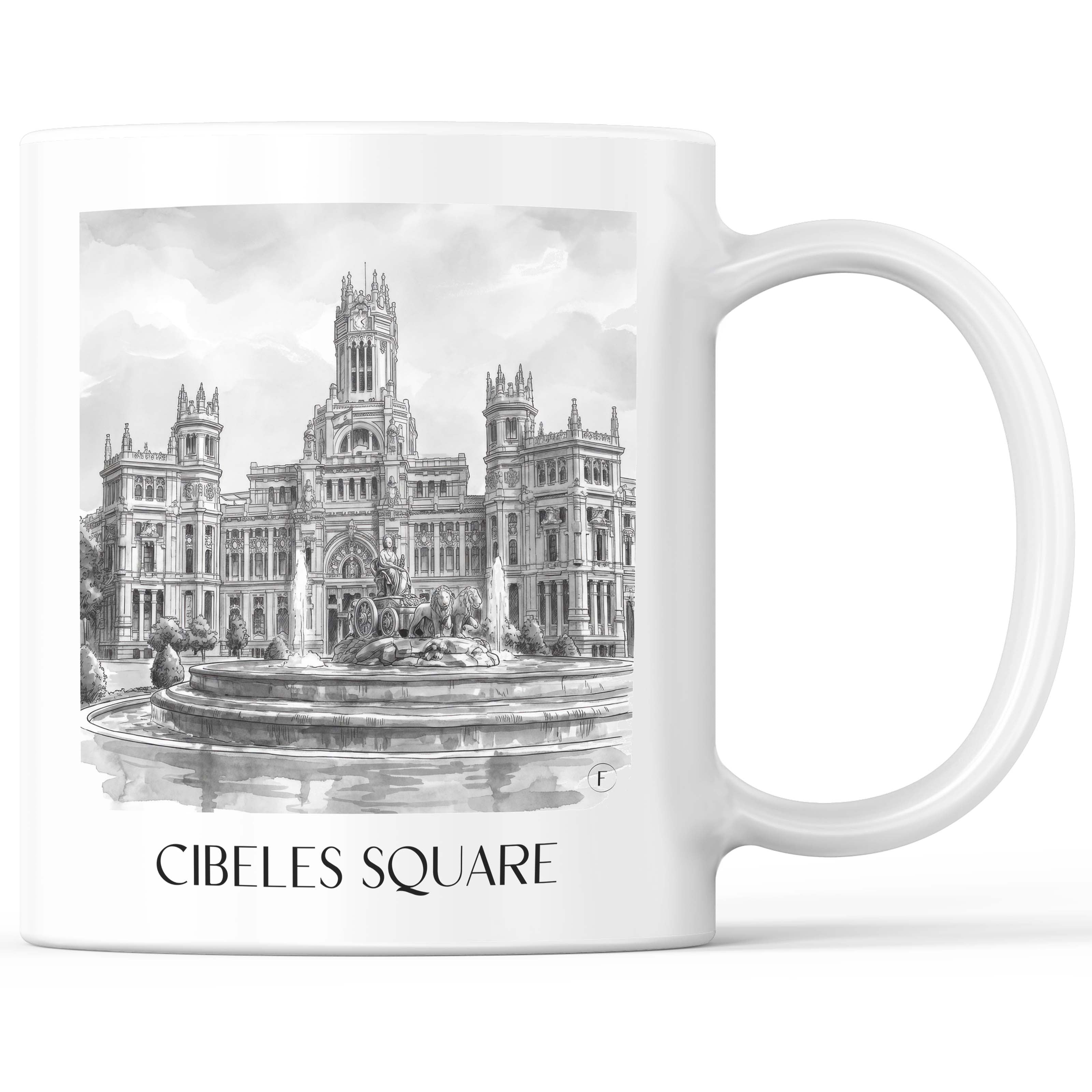 Plaza de Cibeles Kaffeebecher - Madrid - Spanien Becher - Kaffeetasse im Aquarell Schwarz-Weiß Stil - favplace