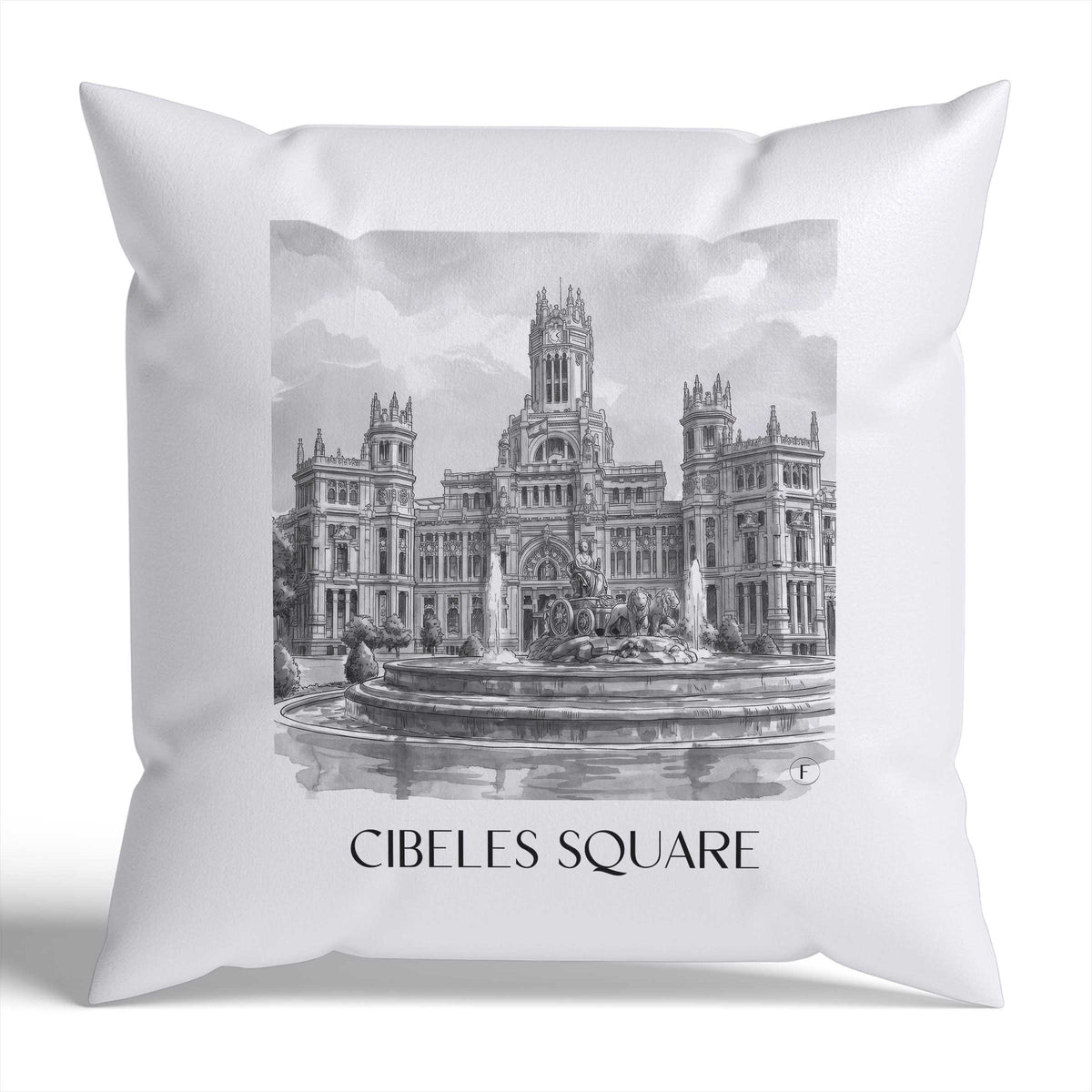 Plaza de Cibeles Kissenhülle - Zierkissen Bezug - Madrid - Spanien Kissen bzw. Kissenbezug im Aquarell Schwarz-Weiß Stil - favplace