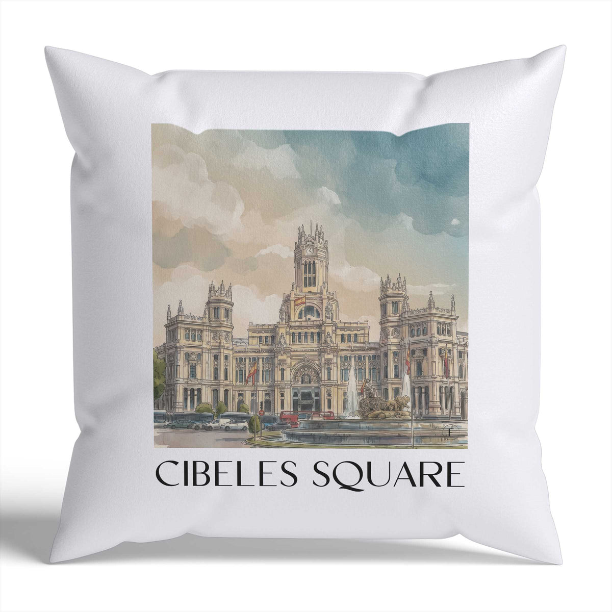 Plaza de Cibeles Kissenhülle - Zierkissen Bezug - Madrid - Spanien Kissen bzw. Kissenbezug im Aquarell Stil - favplace