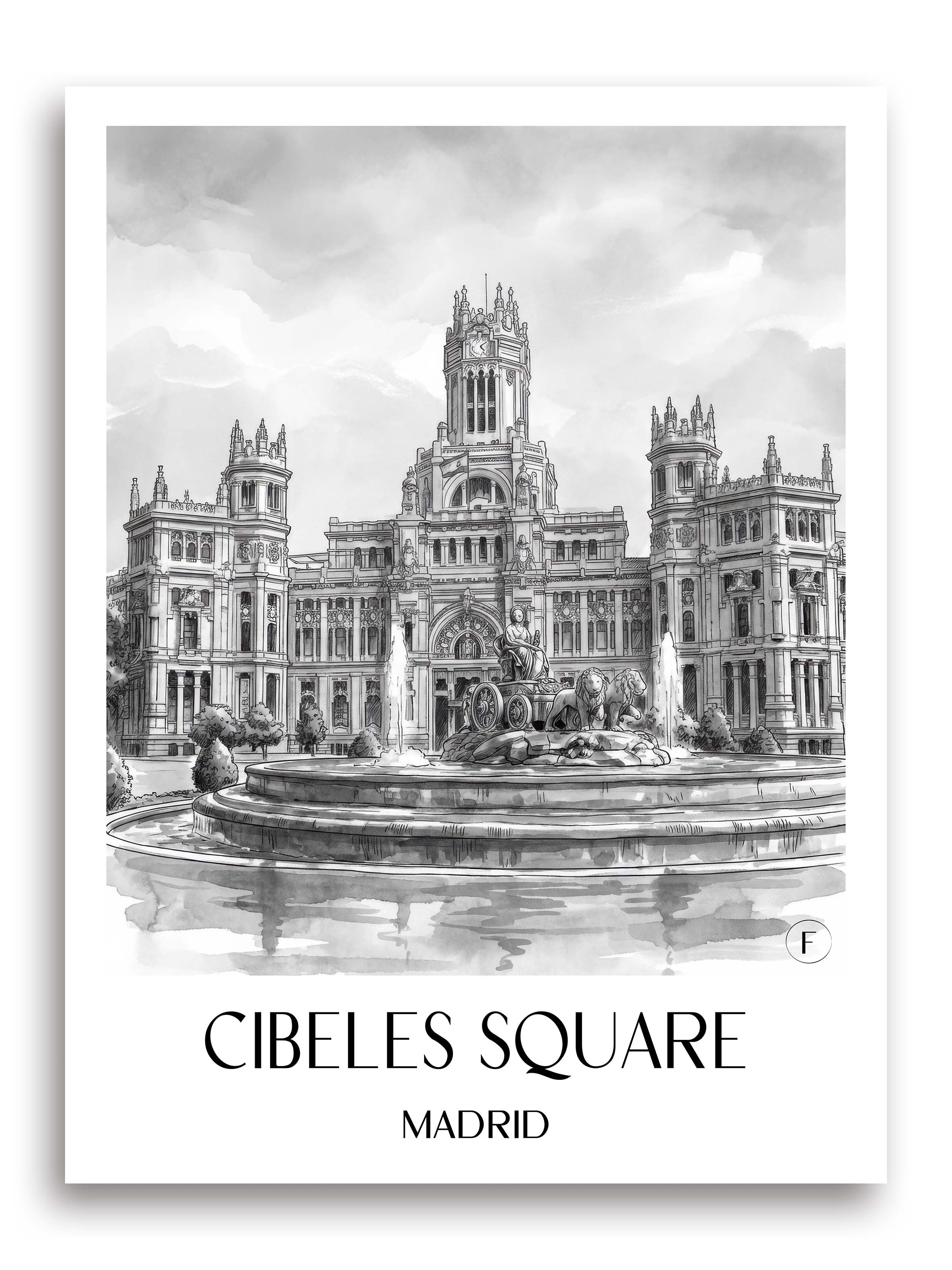 Plaza de Cibeles Poster - Madrid - Spanien Kunstdruck - Aquarell Schwarz-Weiß von A4 bis A1 - favplace