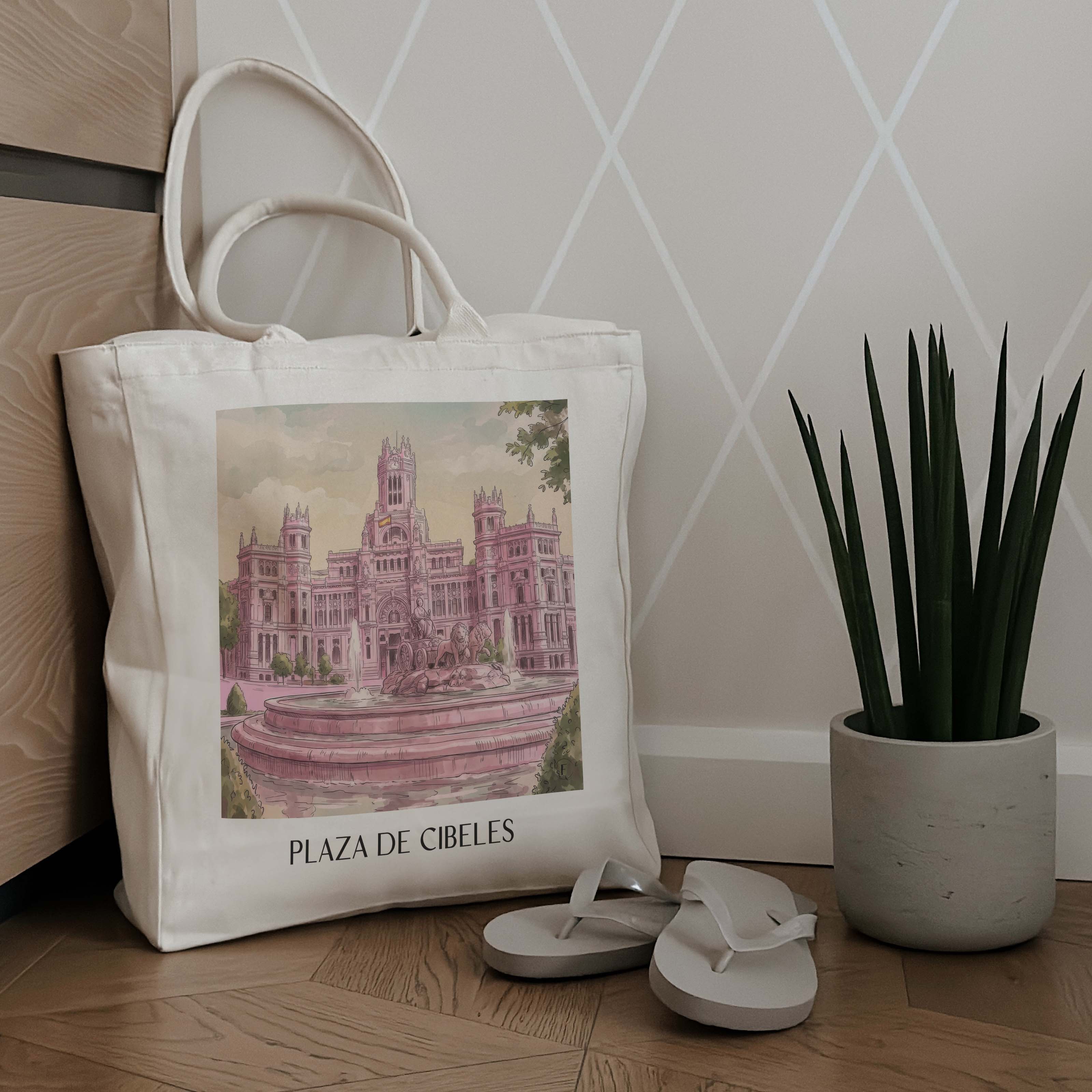 plaza-de-cibeles-madrid-spanien-einkaufstasche-aquarell-pink-rosa