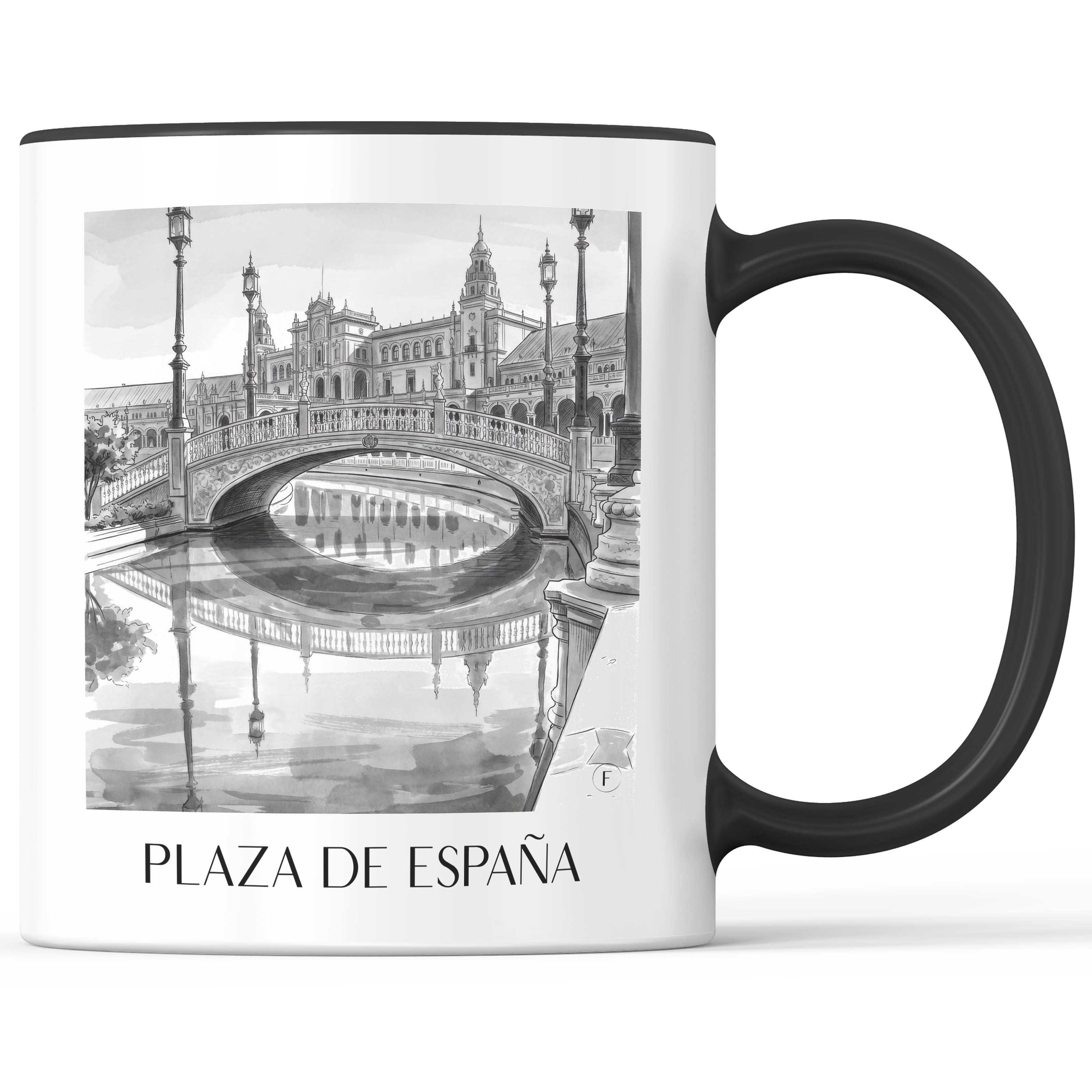 Plaza de España Kaffeebecher - Sevilla - Spanien Becher - Kaffeetasse im Aquarell Schwarz-Weiß Stil - favplace