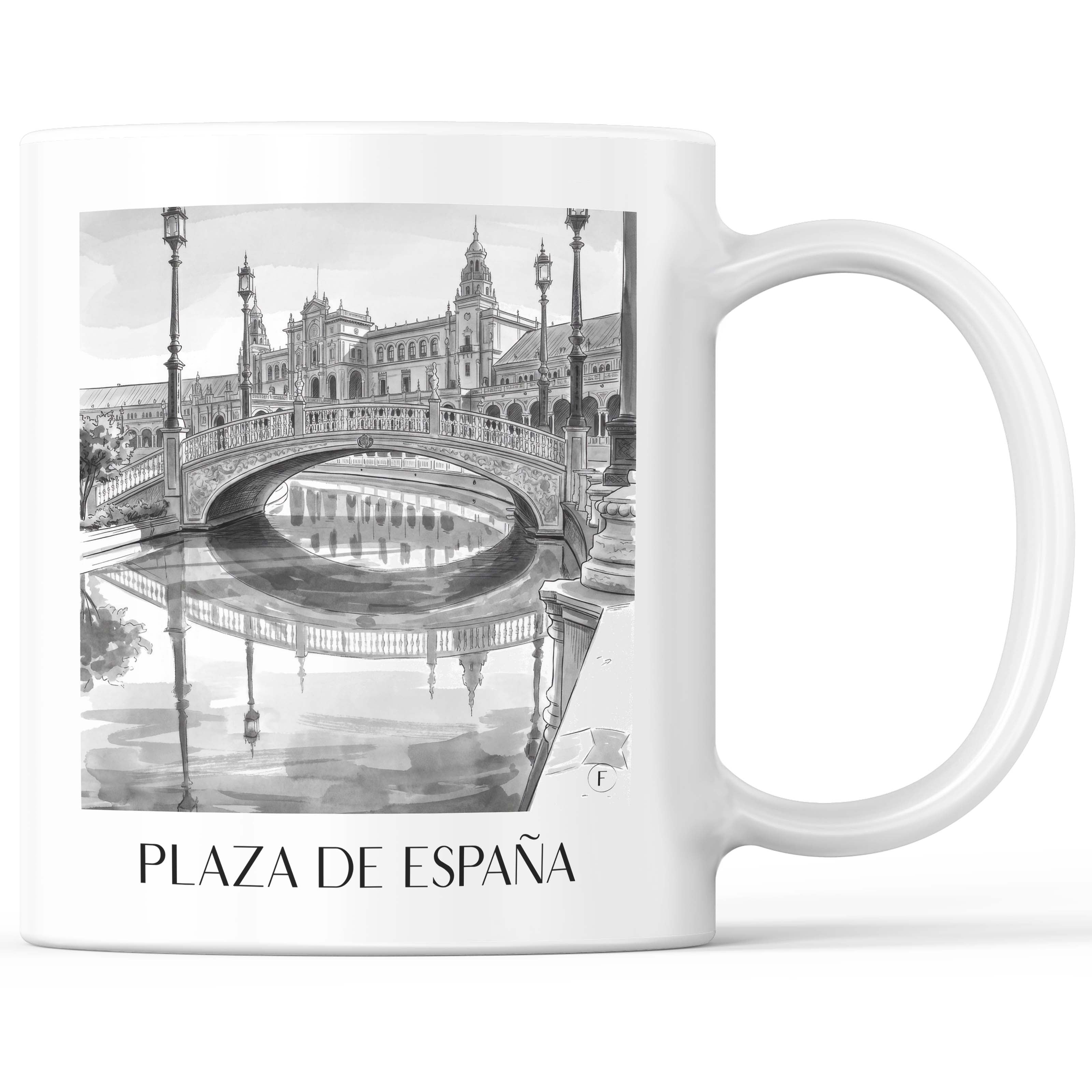 Plaza de España Kaffeebecher - Sevilla - Spanien Becher - Kaffeetasse im Aquarell Schwarz-Weiß Stil - favplace