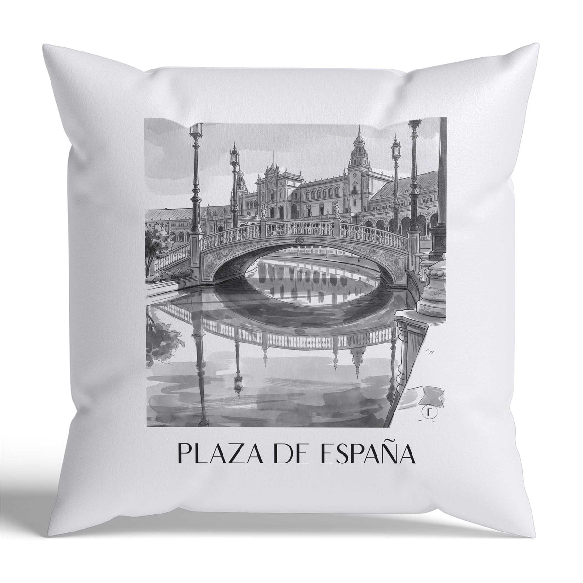Plaza de España Kissenhülle - Zierkissen Bezug - Sevilla - Spanien Kissen bzw. Kissenbezug im Aquarell Schwarz-Weiß Stil - favplace