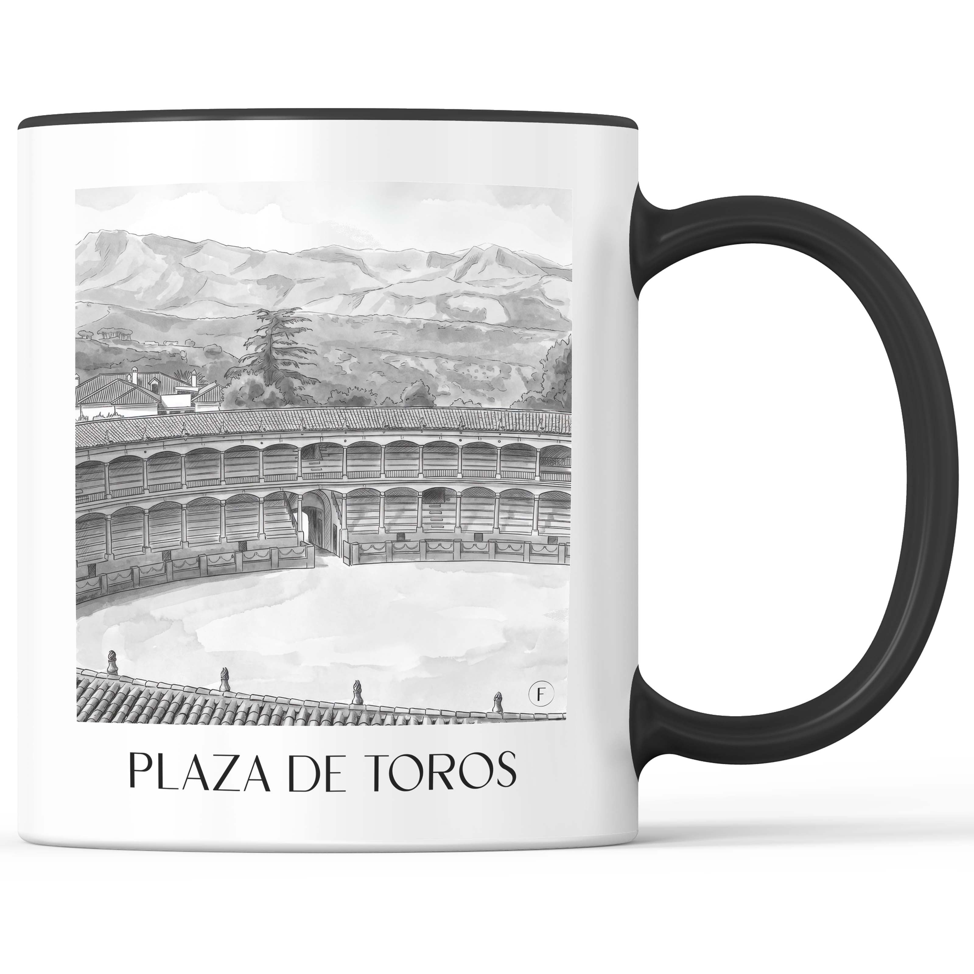 Plaza de Toros Kaffeebecher - Ronda - Spanien Becher - Kaffeetasse im Aquarell Schwarz-Weiß Stil - favplace