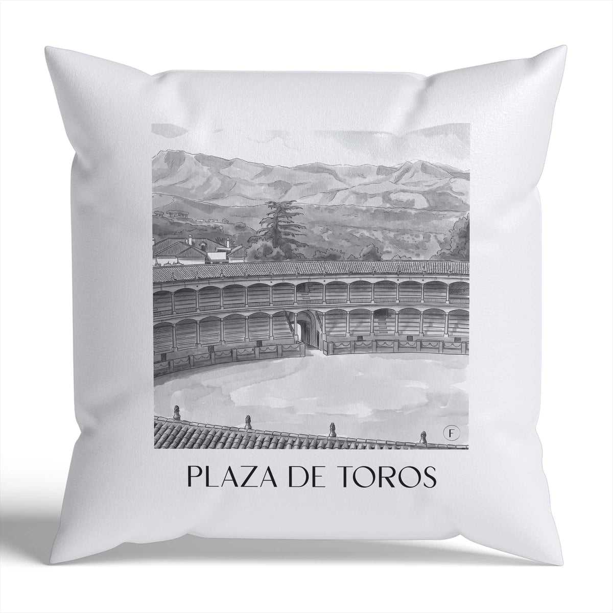 Plaza de Toros Kissenhülle - Zierkissen Bezug - Ronda - Spanien Kissen bzw. Kissenbezug im Aquarell Schwarz-Weiß Stil - favplace