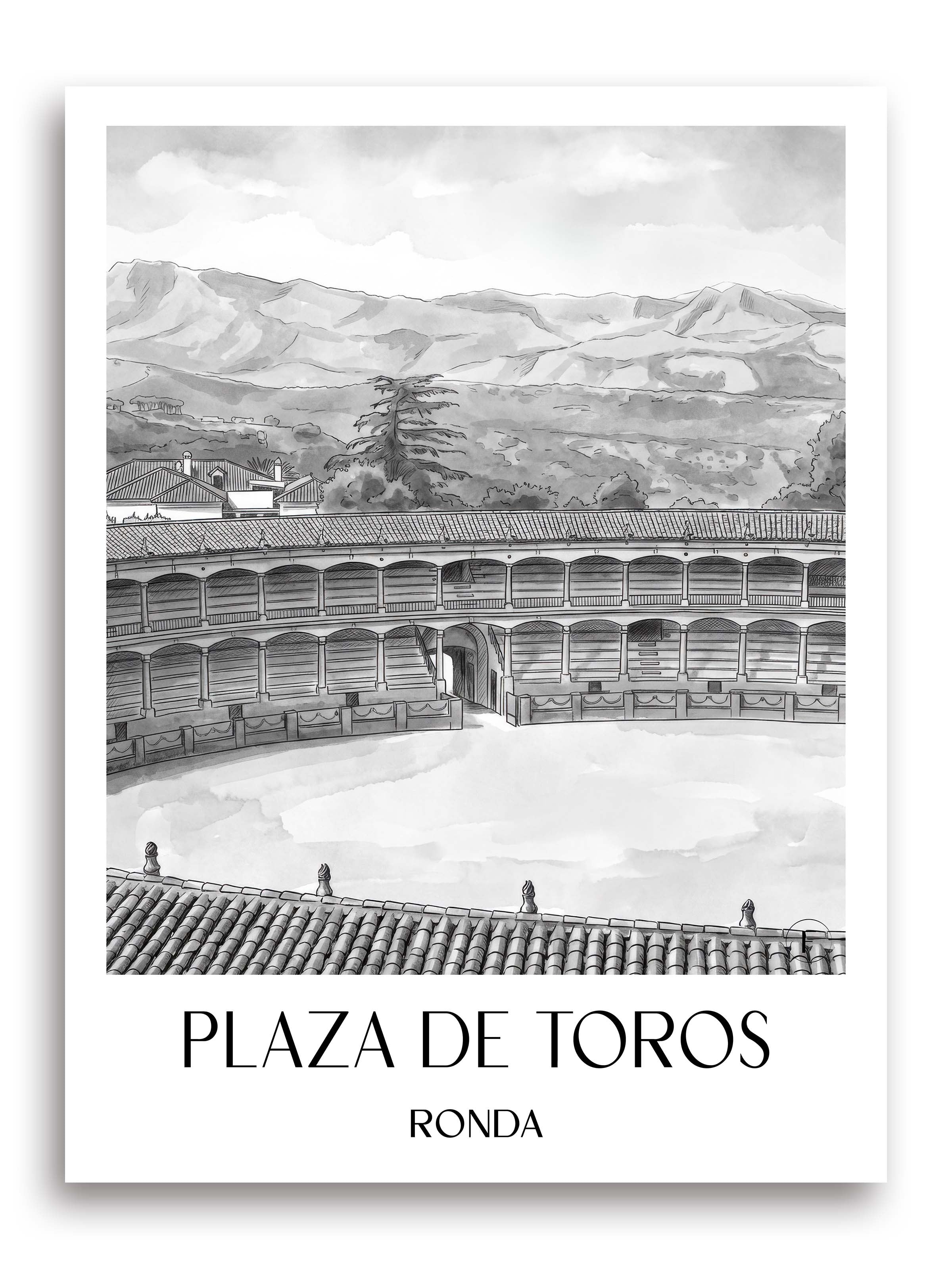 Plaza de Toros Poster - Ronda - Spanien Kunstdruck - Aquarell Schwarz-Weiß von A4 bis A1 - favplace