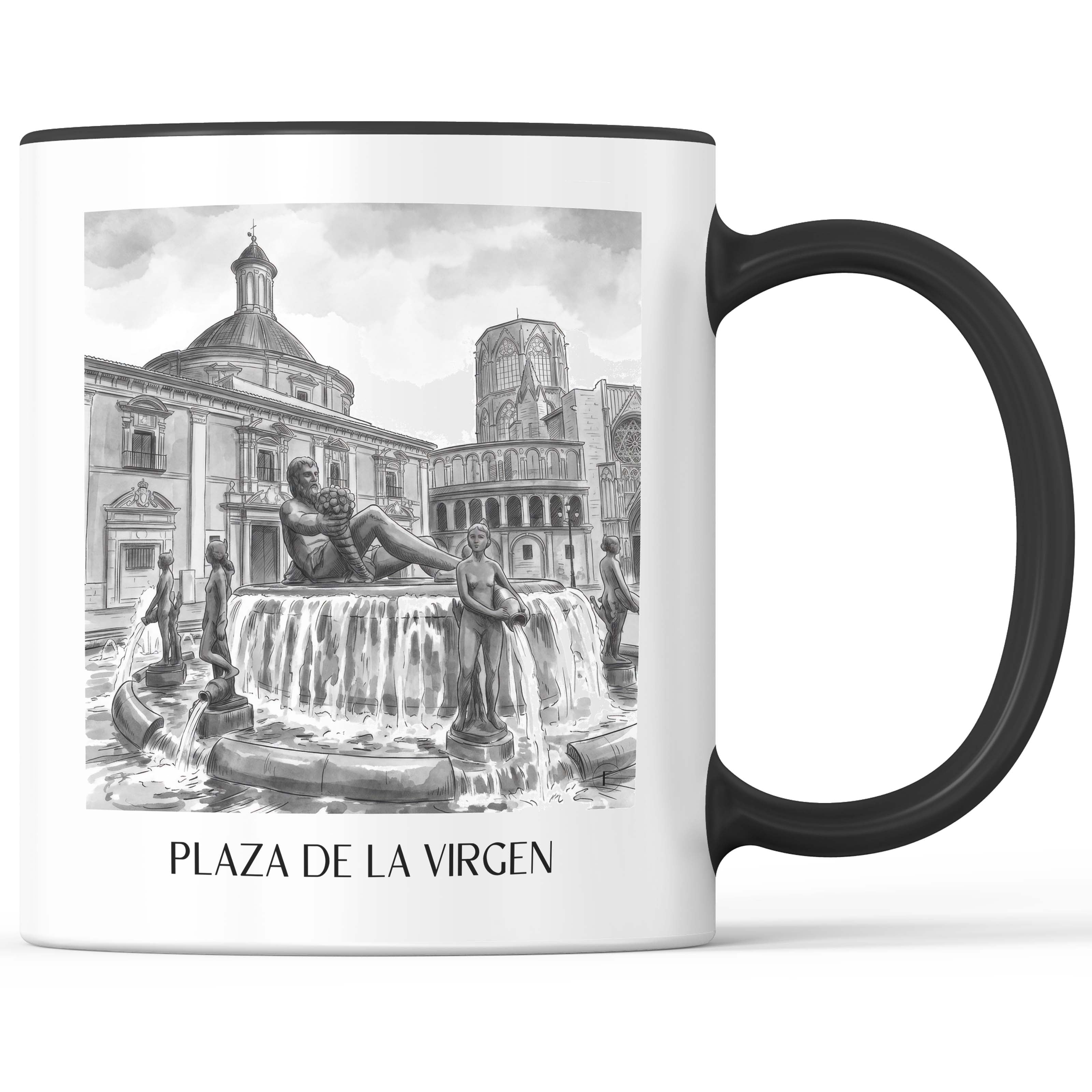 Plaza de la Virgen Kaffeebecher - Valencia - Spanien Becher - Kaffeetasse im Aquarell Schwarz-Weiß Stil - favplace