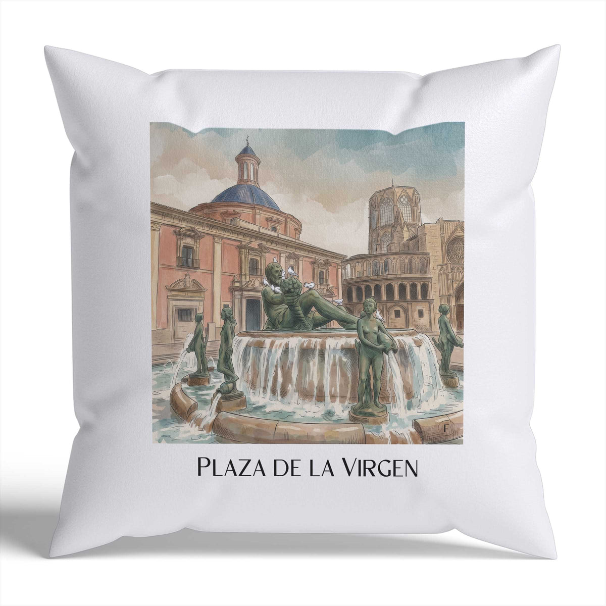 Plaza de la Virgen Kissenhülle - Zierkissen Bezug - Valencia - Spanien Kissen bzw. Kissenbezug im Aquarell Stil - favplace