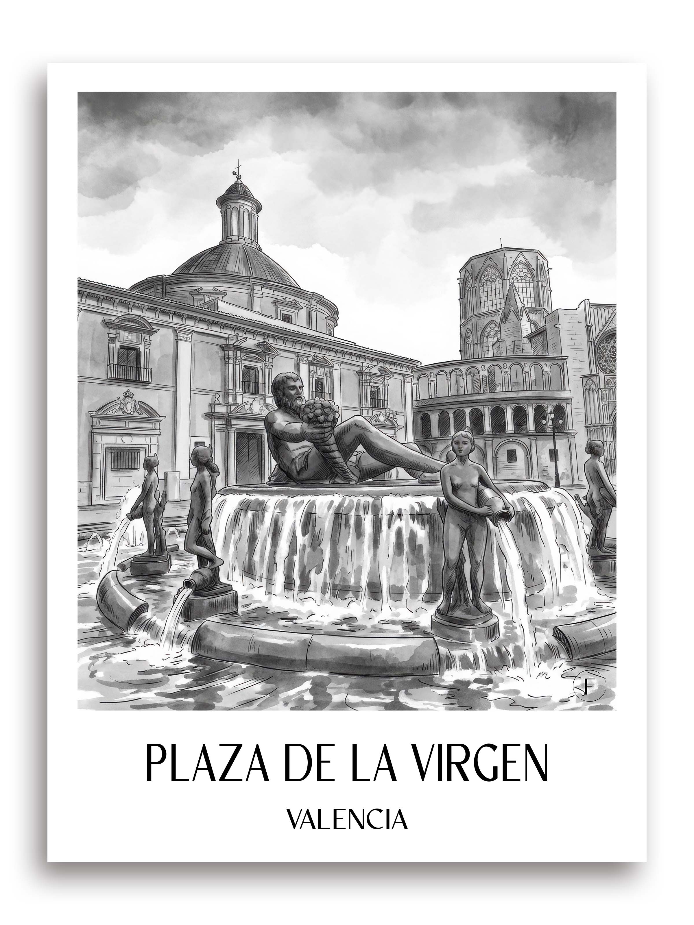 Plaza de la Virgen Poster - Valencia - Spanien Kunstdruck - Aquarell Schwarz-Weiß von A4 bis A1 - favplace