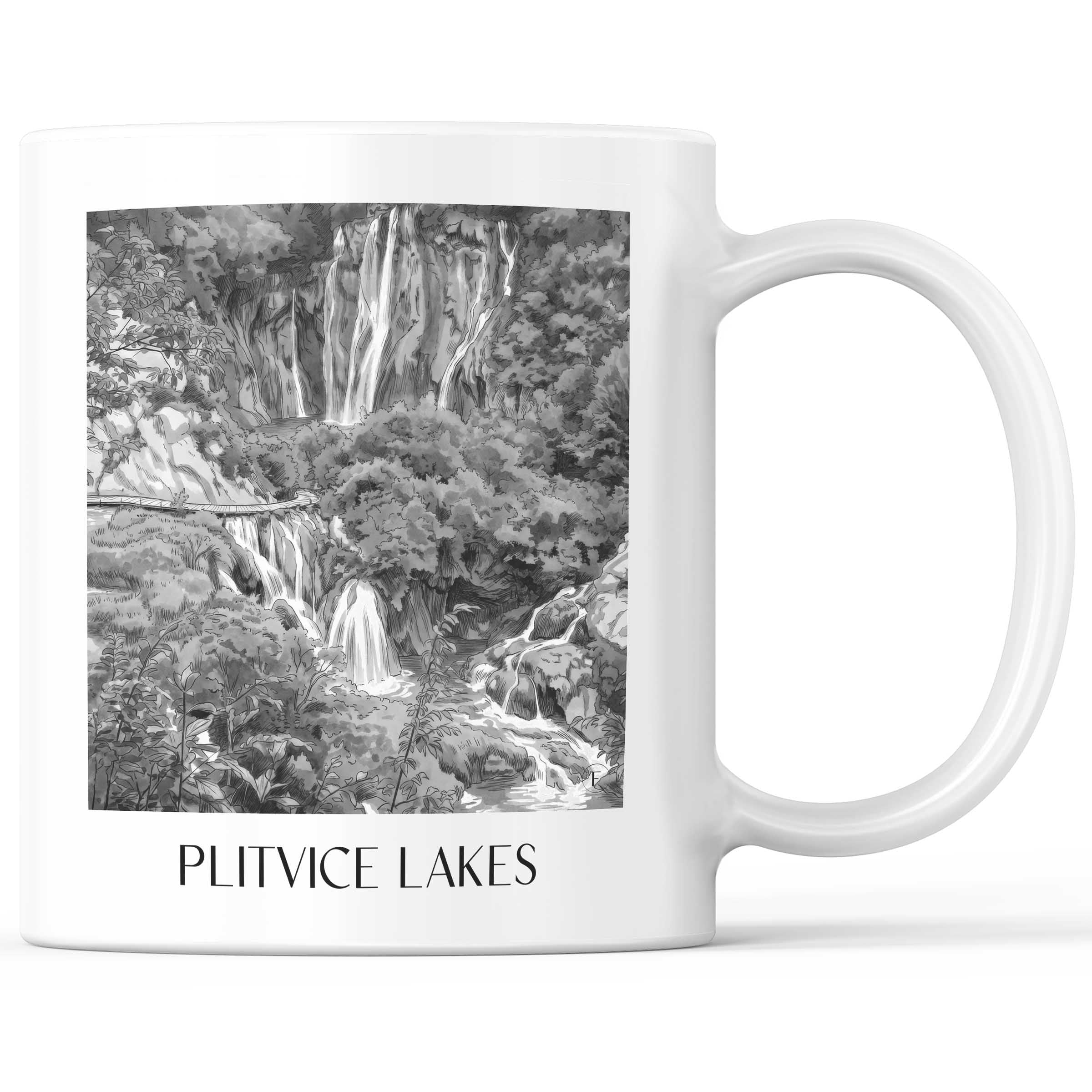 Plitvicer Seen - Kroatien Becher - Kaffeetasse im Aquarell Schwarz-Weiß Stil - favplace