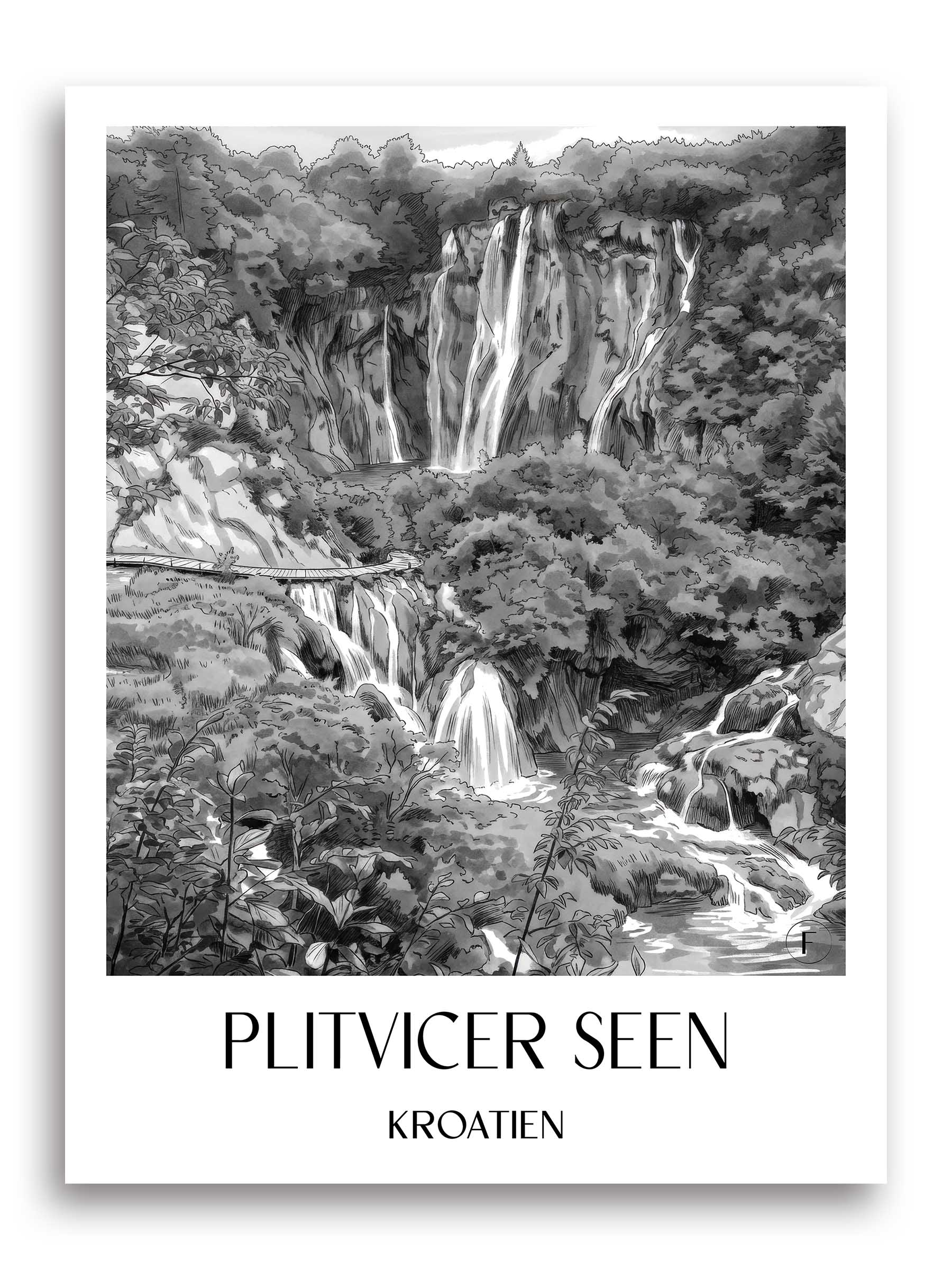 plitvicer-seen-kroatien-poster-aquarell-schwarz-weiss