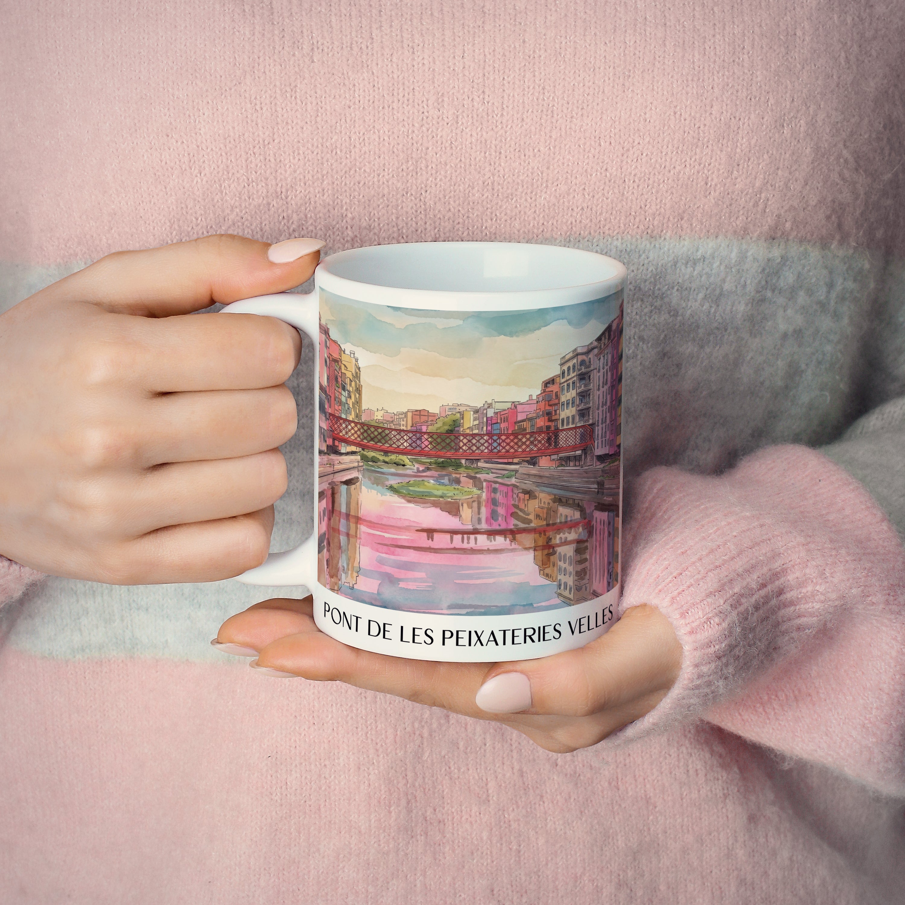 pont-de-les-peixateries-velles-girona-spanien-kaffeebecher-aquarell-pink-rosa