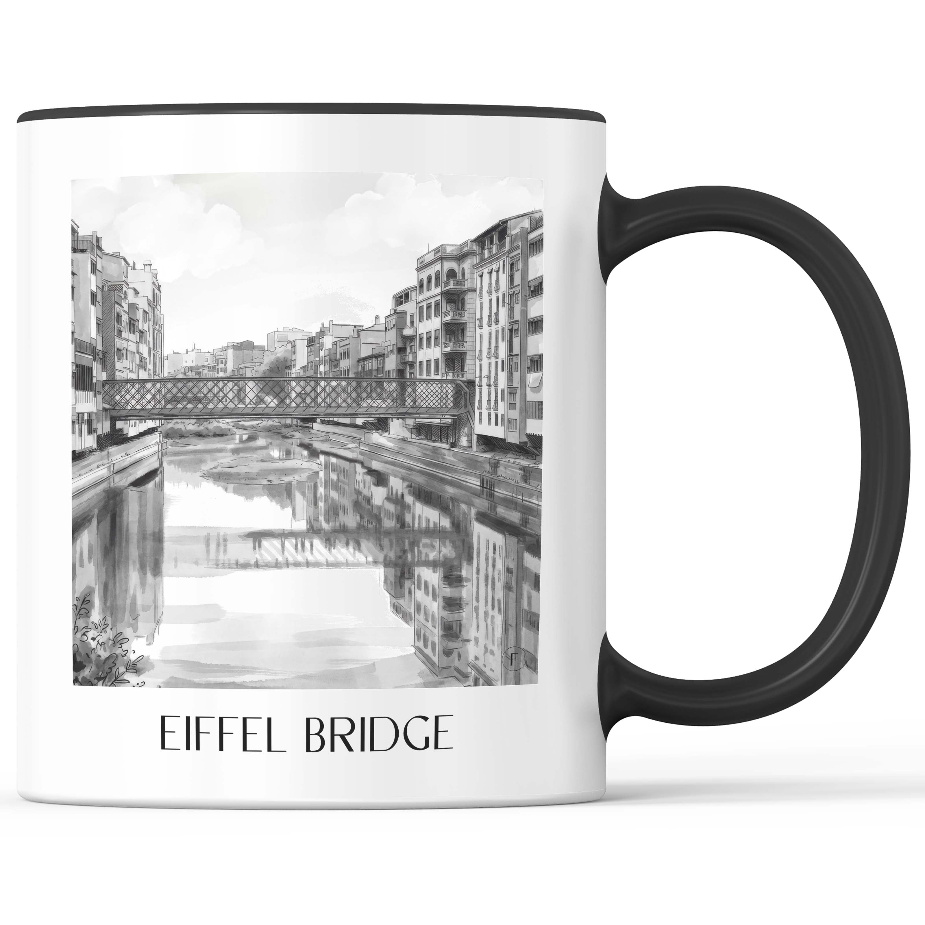 Pont de les Peixateries Velles Kaffeebecher - Girona - Spanien Becher - Kaffeetasse im Aquarell Schwarz-Weiß Stil - favplace