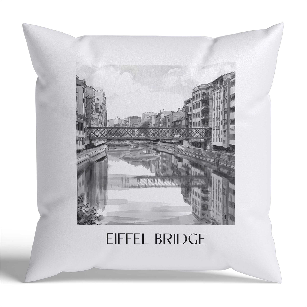 Pont de les Peixateries Velles Kissenhülle - Zierkissen Bezug - Girona - Spanien Kissen bzw. Kissenbezug im Aquarell Schwarz-Weiß Stil - favplace