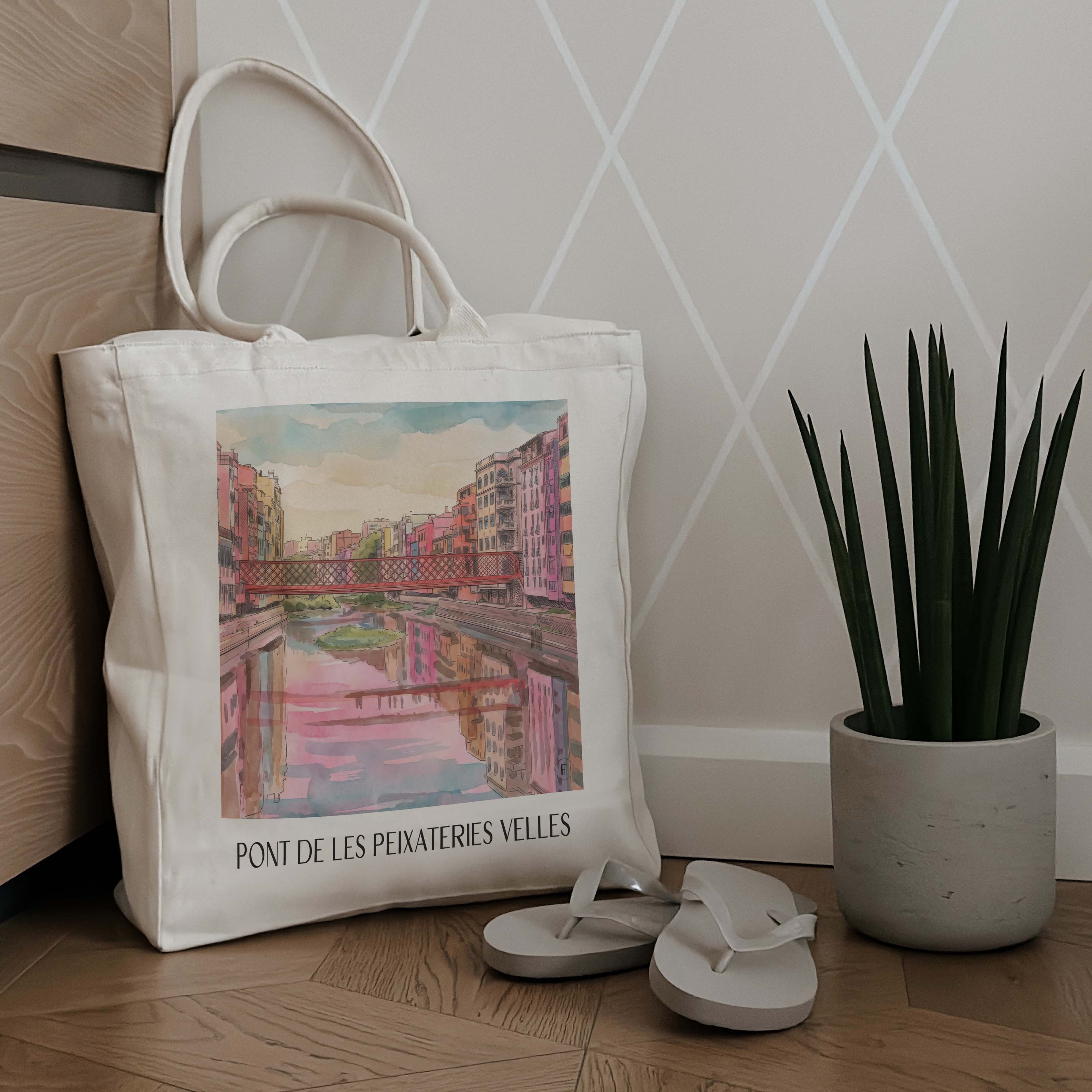 pont-de-les-peixateries-velles-girona-spanien-einkaufstasche-aquarell-pink-rosa