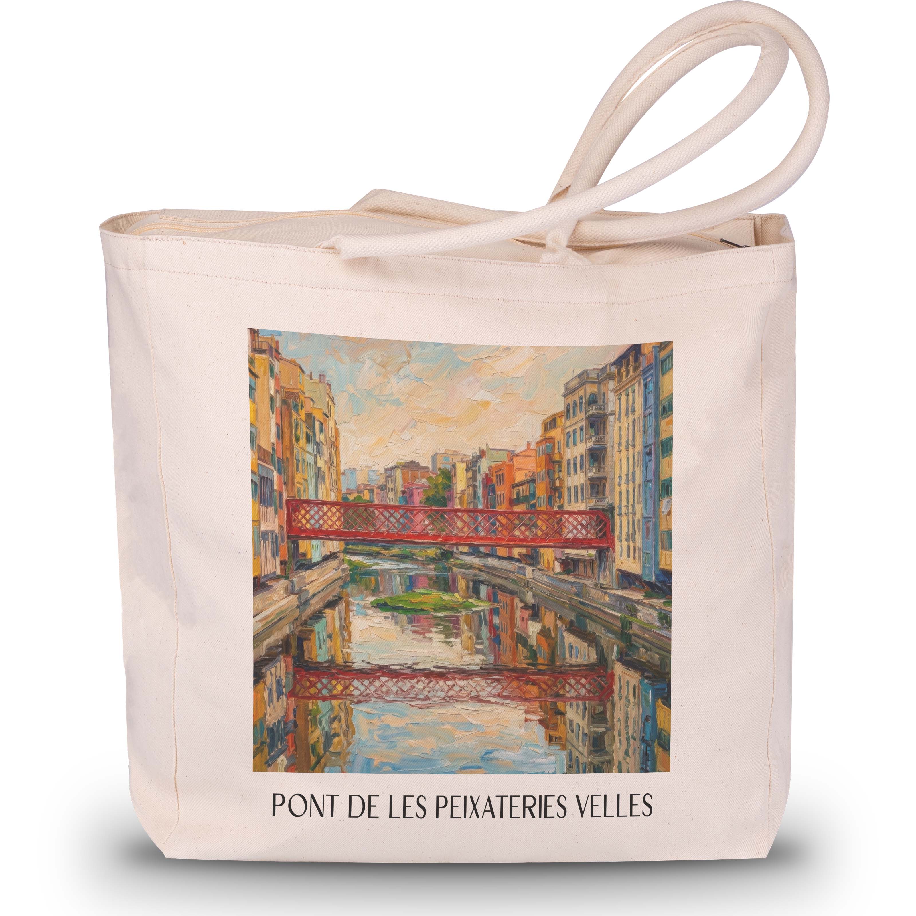 pont-de-les-peixateries-velles-girona-spanien-einkaufstasche-oil-painting-oelgemaelde