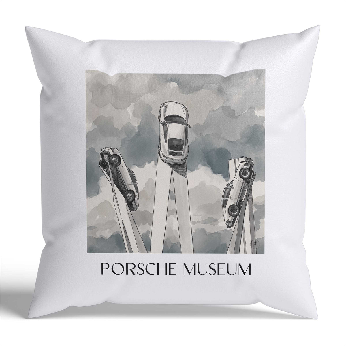 Porsche Museum Kissenhülle - Zierkissen Bezug - Stuttgart - Deutschland Kissen bzw. Kissenbezug im Aquarell Schwarz-Weiß Stil - favplace