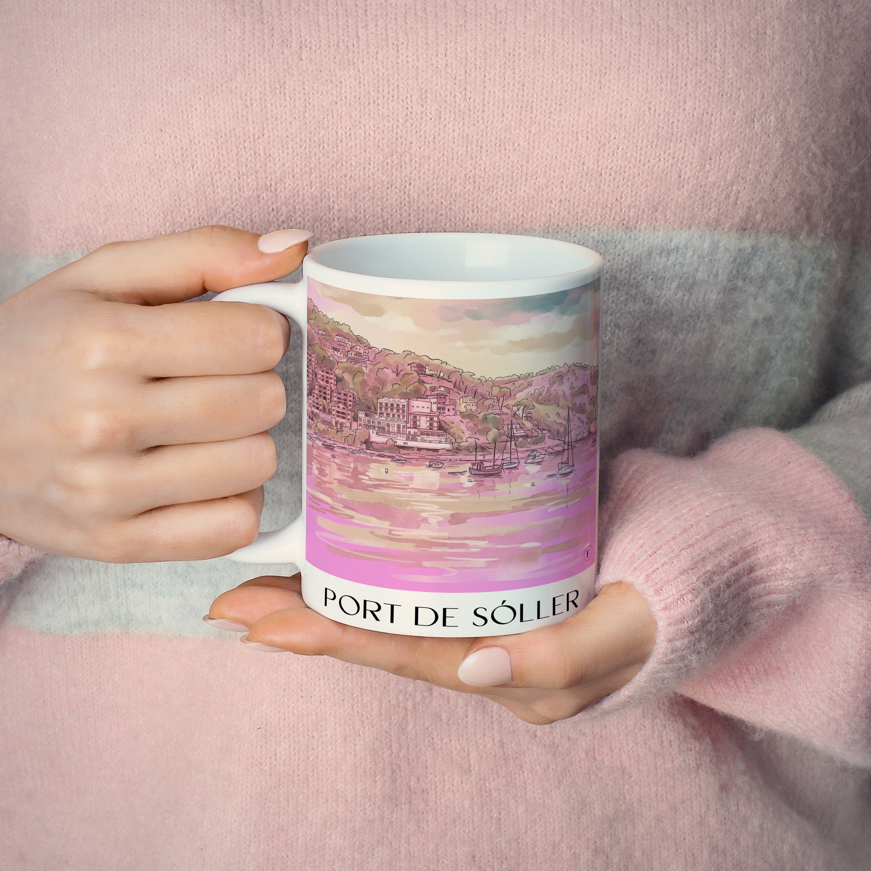 port-de-sóller-mallorca-spanien-kaffeebecher-aquarell-pink-rosa