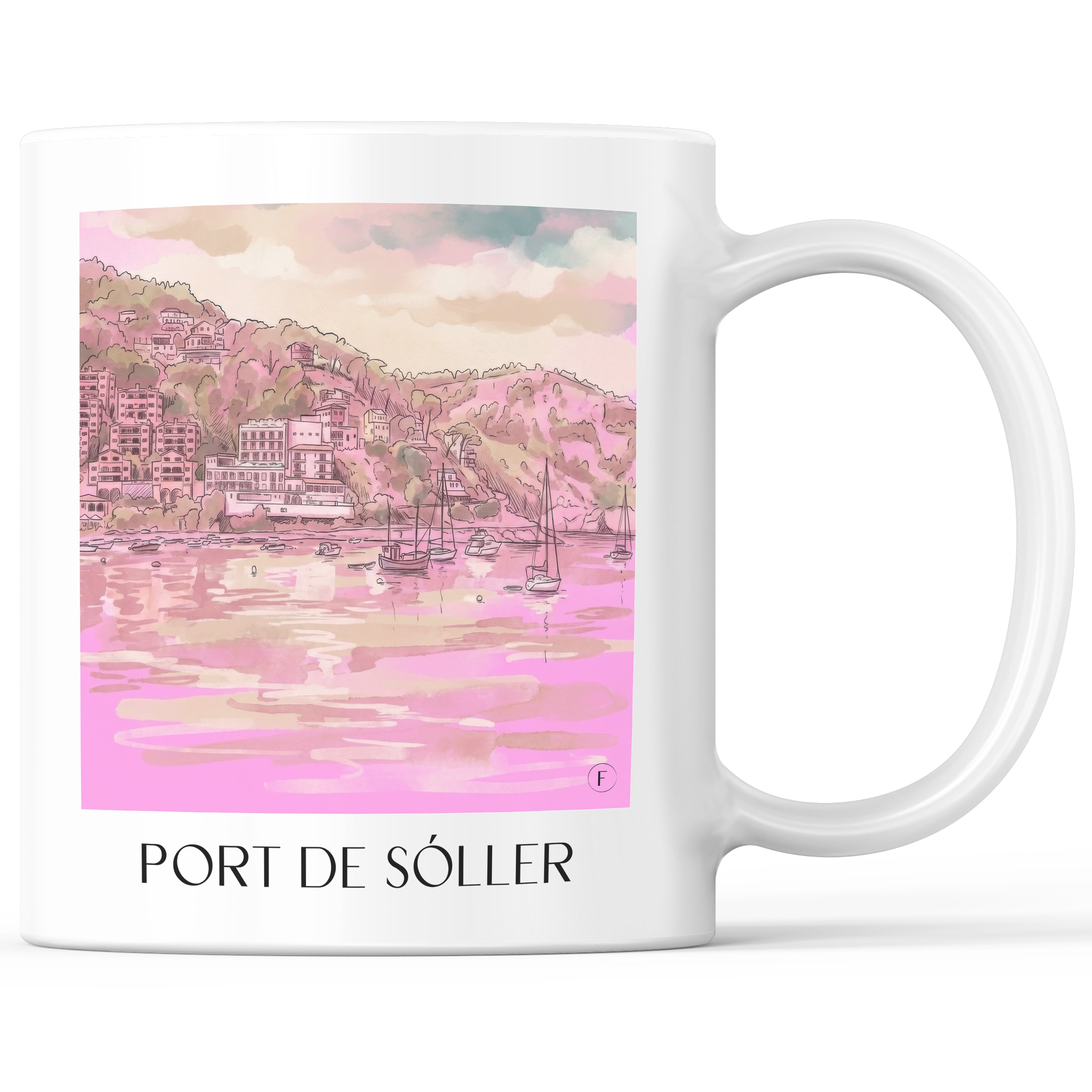 Port de Sóller Kaffeebecher - Mallorca - Spanien Becher - Kaffeetasse im Aquarell Pink Stil - favplace