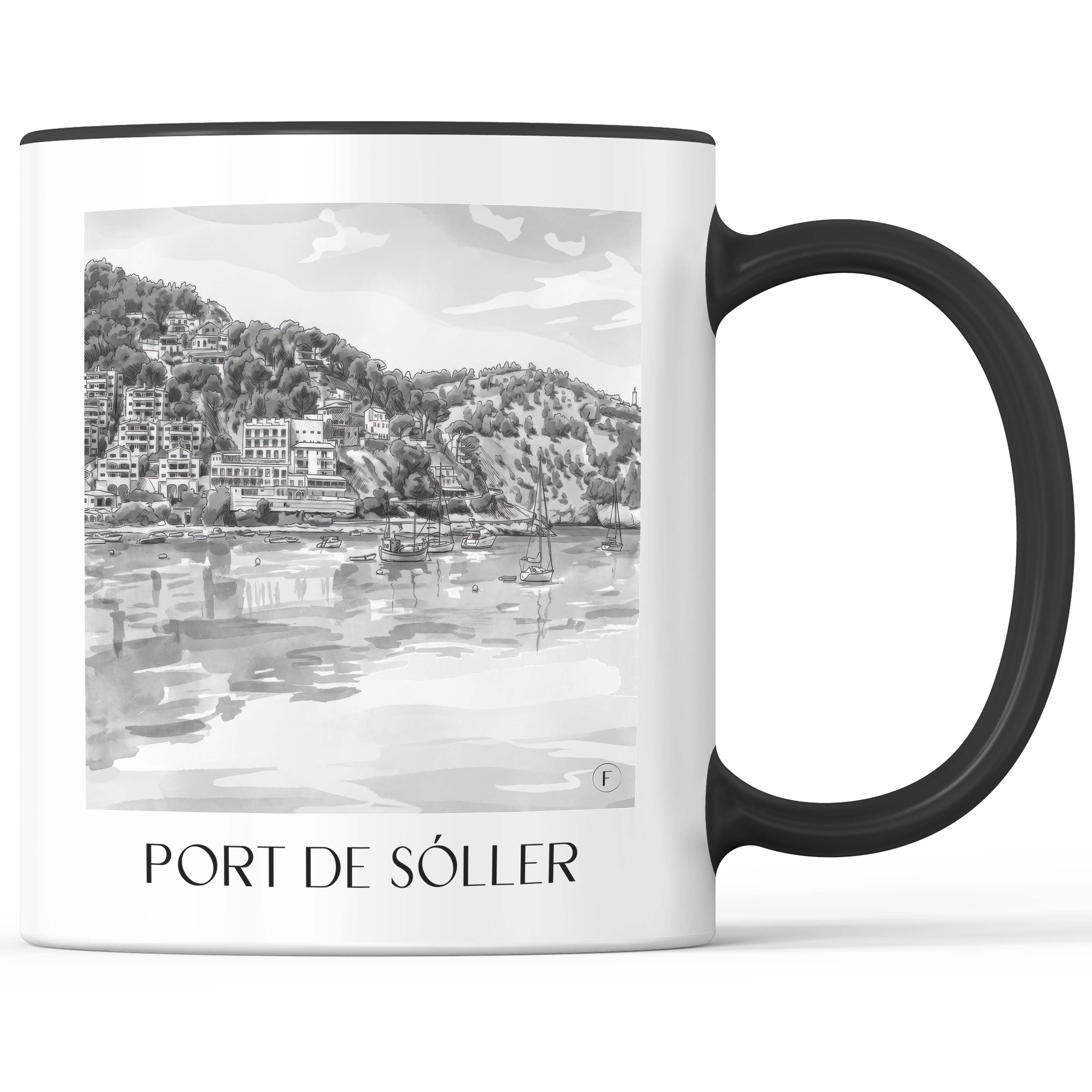 Port de Sóller Kaffeebecher - Mallorca - Spanien Becher - Kaffeetasse im Aquarell Schwarz-Weiß Stil - favplace
