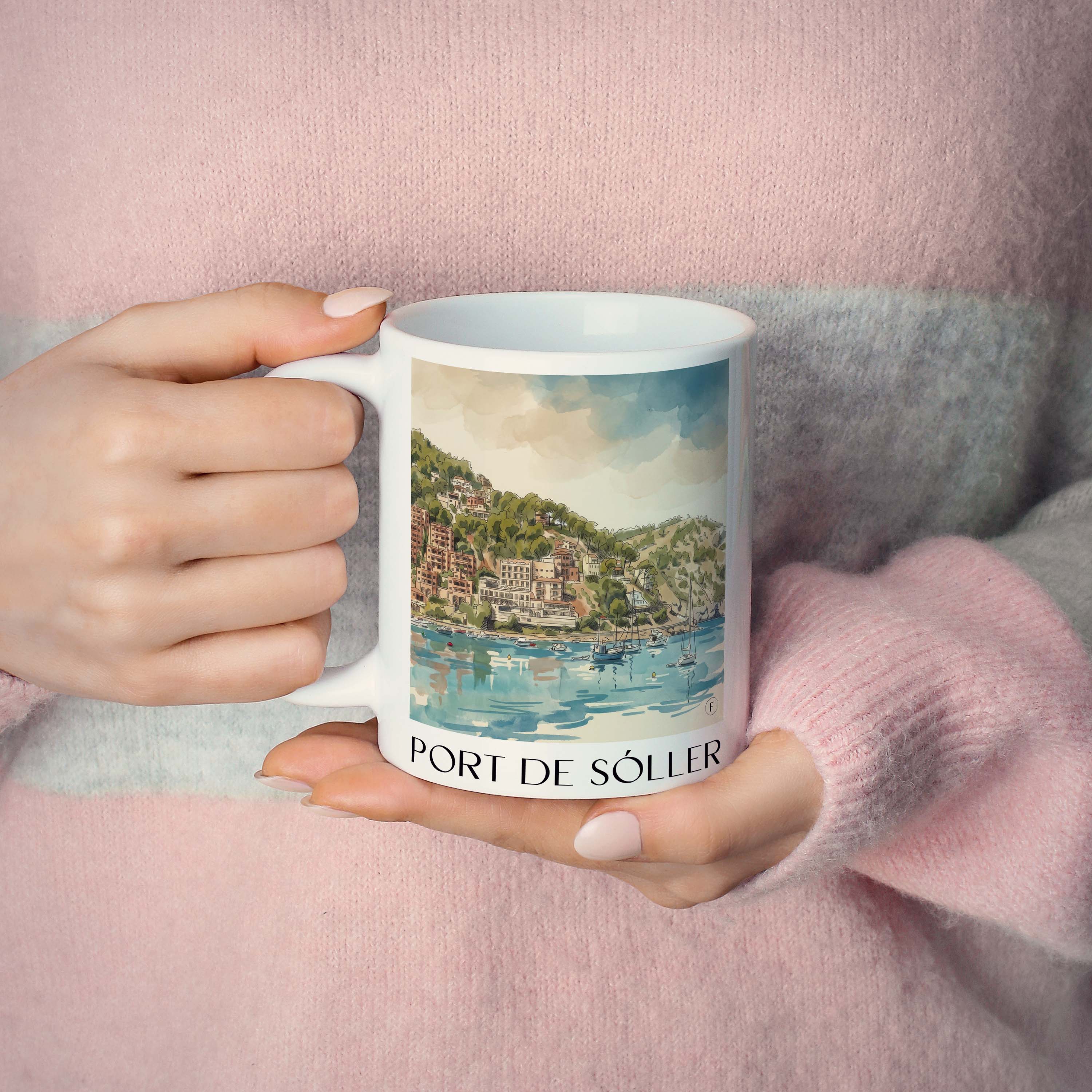port-de-sóller-mallorca-spanien-kaffeebecher-aquarell