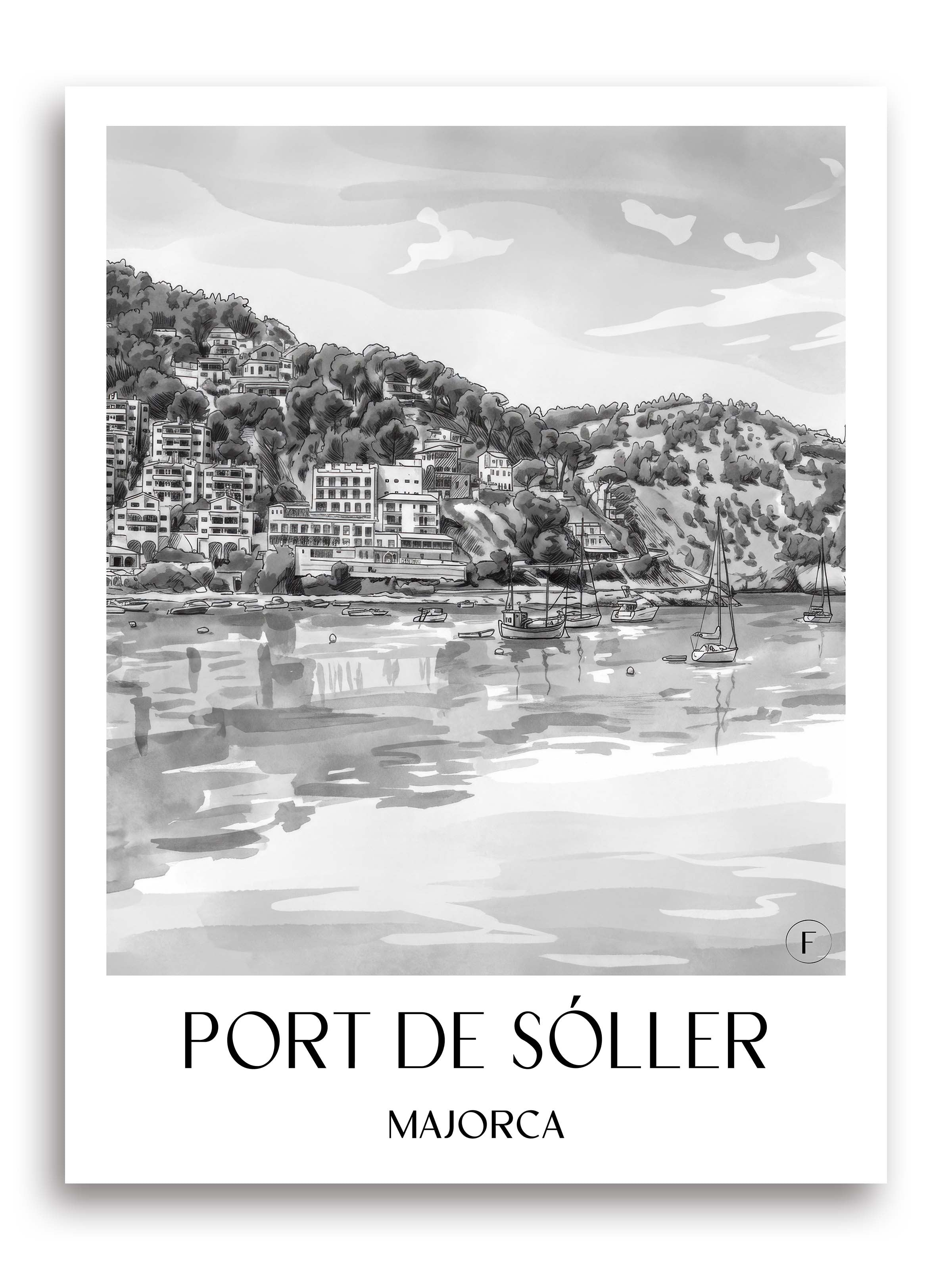 Port de Sóller Poster - Mallorca - Spanien Kunstdruck - Aquarell Schwarz-Weiß von A4 bis A1 - favplace