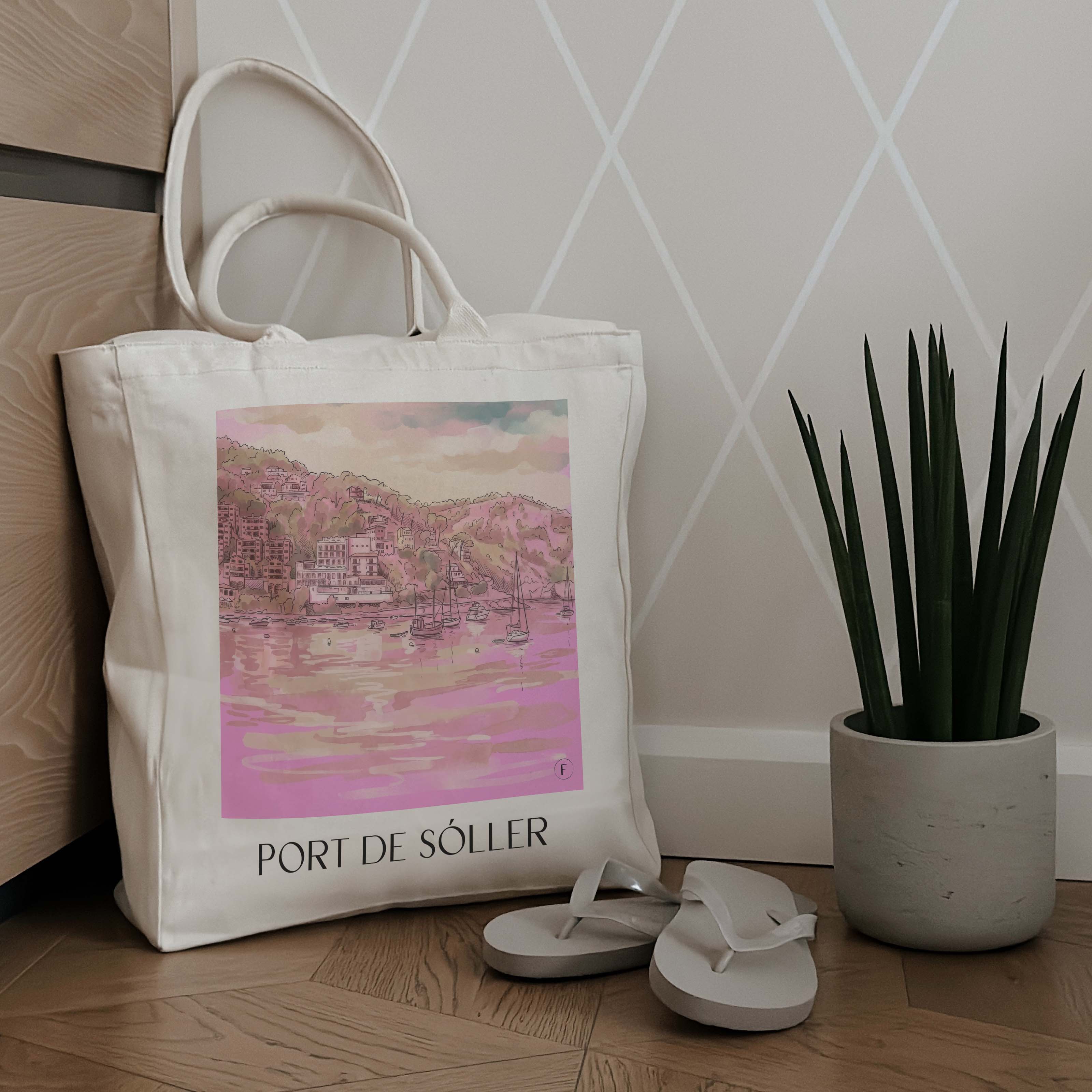 port-de-sóller-mallorca-spanien-einkaufstasche-aquarell-pink-rosa